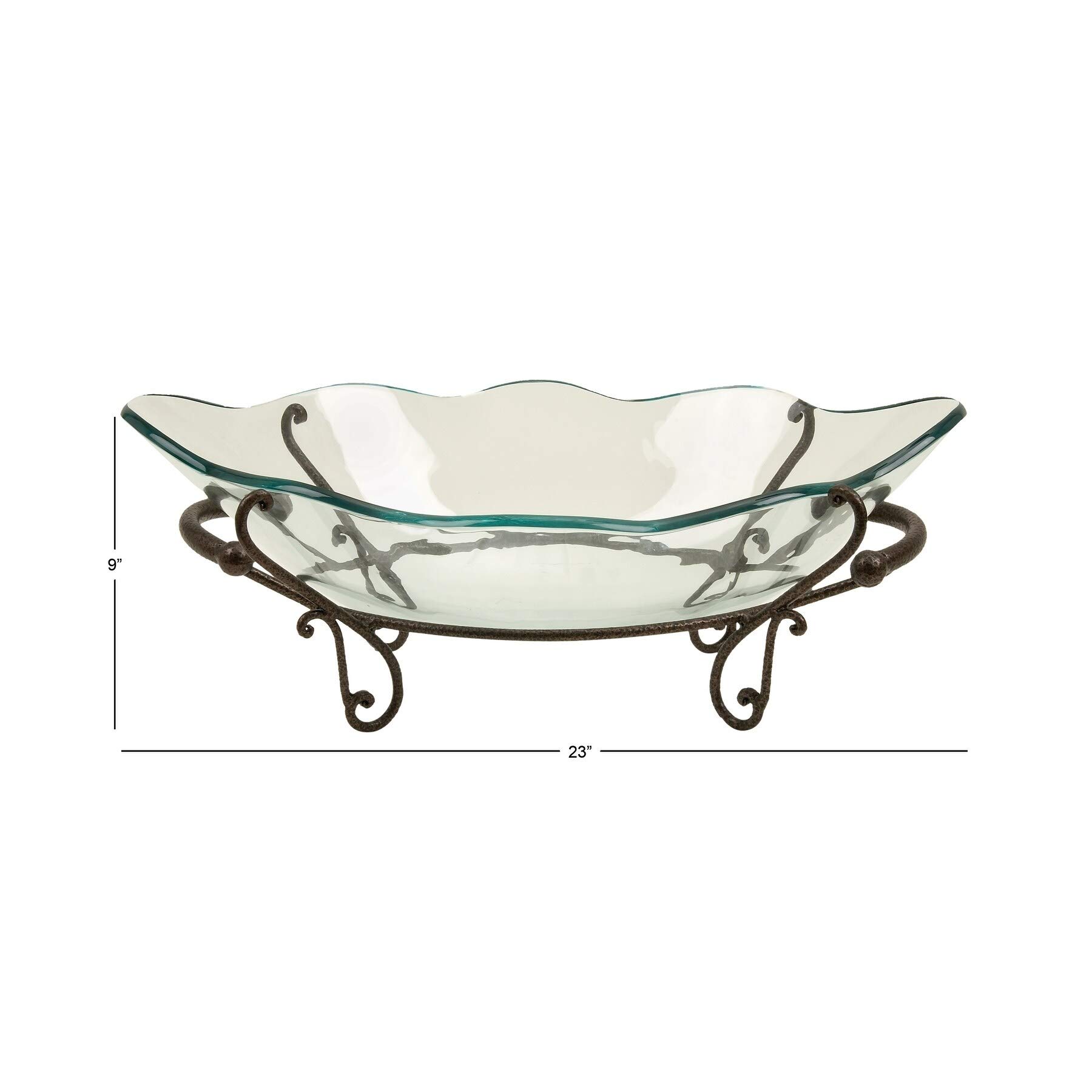 Acacia Metal Wood 9x23 Inch Glass Bowl with Black Iron Stand - Elegant Serving Bowl for Salads, Fruits, and Party Dishes - Perfect for Dining, Entertaining, and Home Decor