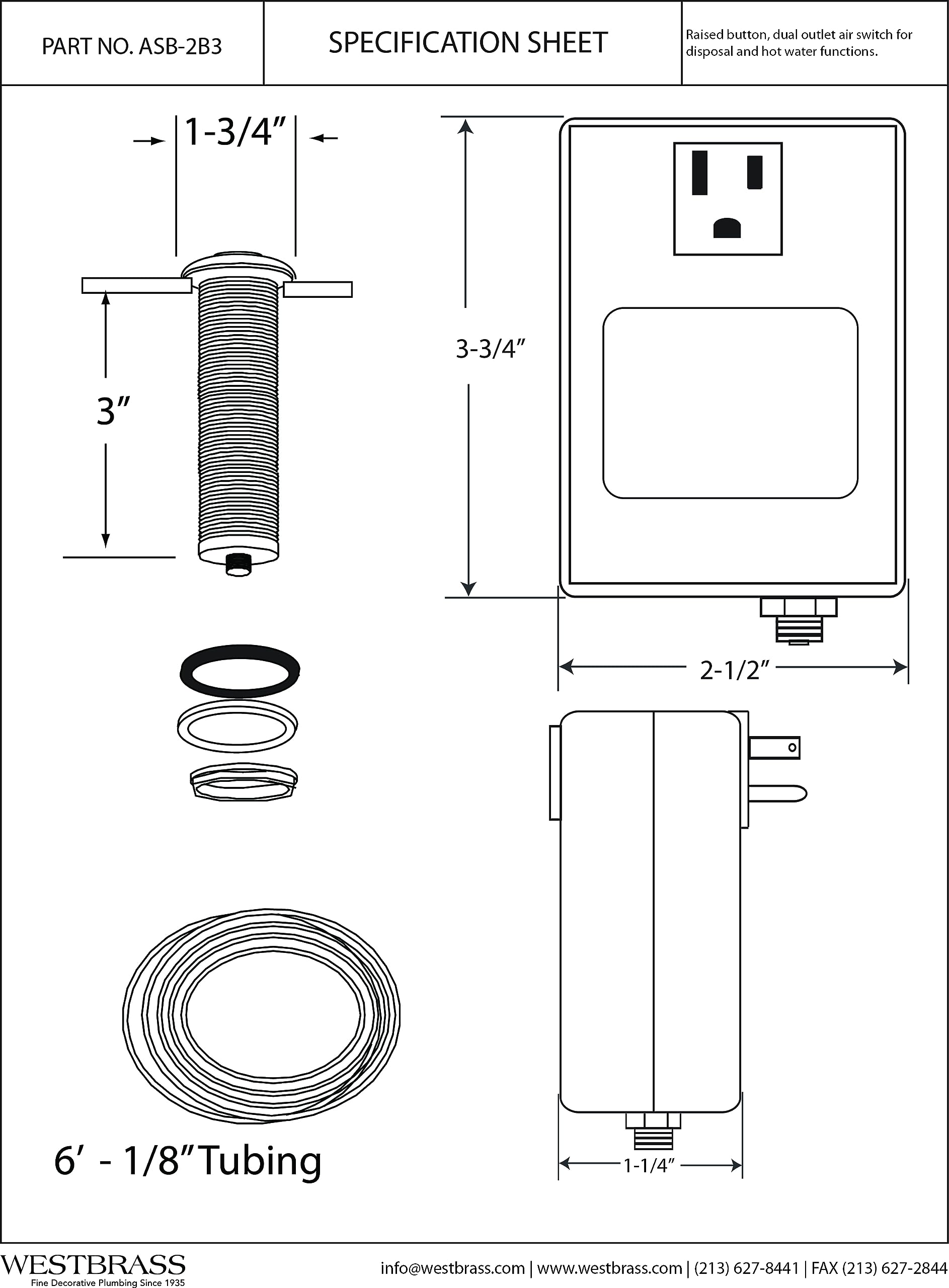 Westbrass ASB-01 Oil Rubbed Bronze Sink Top Waste Disposal Air Switch with Single Outlet Control Box & Flush Button (1-Pack) - Perfect for Kitchen Sink Garbage Disposal Systems