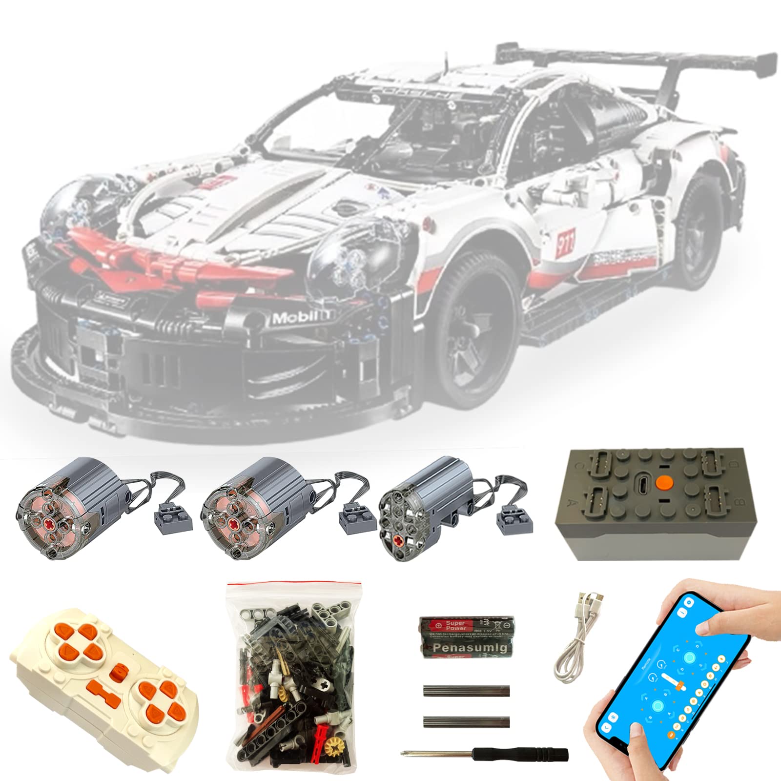 High-Speed Grey Feather Motor & RC Upgrade Kit for Porsche 911 RSR - Metal Axle, 4-Mode APP Control, Compatible with Lego 42096 (Model Not Included) - Perfect for Racing, DIY Projects & Lego Technic Enthusiasts