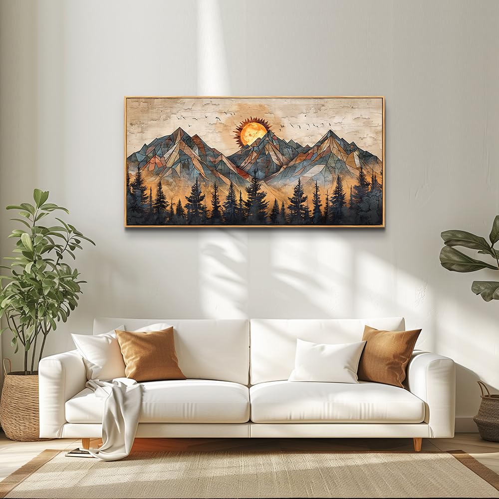 Modern Abstract Boho Wall Art - Wood Framed Canvas Painting 20x40 Inch, Mountain Landscape Wall Decor for Living Room, Bedroom & Office - Perfect for Home Decor, Housewarming Gifts & Interior Design