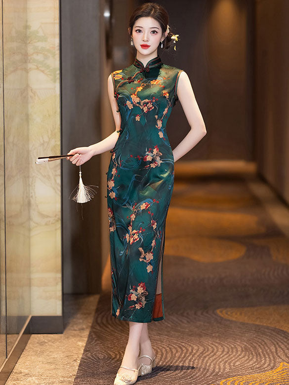 Elegant Green Floral Print Maxi Cheongsam Qipao Dress for Women | Vintage Chinese Style Long Dress | Perfect for Weddings, Parties & Special Occasions