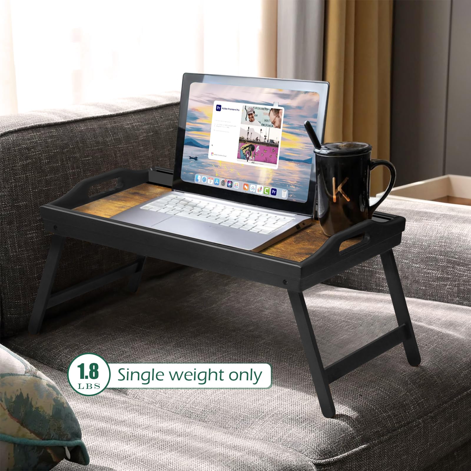 2 Pack Bamboo Bed Tray Table with Folding Legs & Handles - Portable Breakfast Serving Tray with Phone/Tablet Groove - Multi-Use Laptop Desk for Bed, Sofa, Office - Perfect for Eating, Working, Reading & Picnics - Ideal Home, Office & Outdoor Dining Accessory