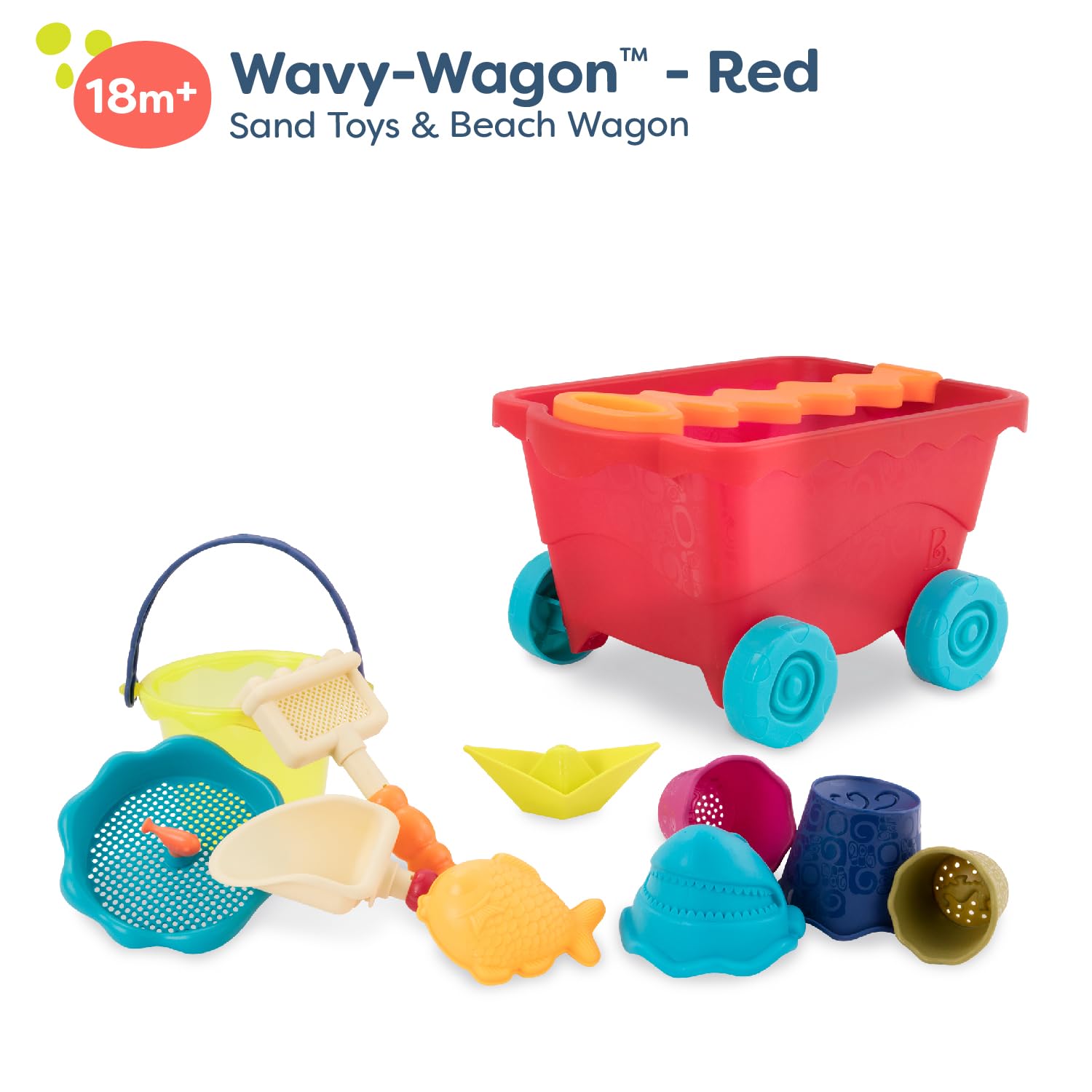 B. Toys Wavy-Wagon - 10-Piece Beach Sand Play Set for Toddlers & Kids Ages 18+ Months - Summer Outdoor Sandbox & Water Play Toys - Perfect for Beach Trips, Backyard Fun & Sensory Play (Red)