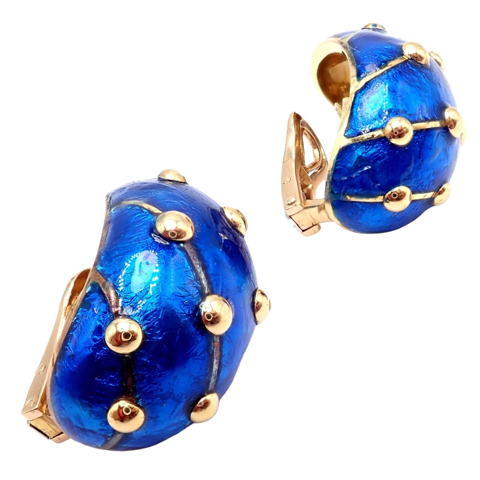 Tiffany & Co Schlumberger 18k Yellow Gold Large Blue Enamel Banana Clip Earrings - Luxury Vintage Jewelry for Women, Perfect for Parties, Weddings & Special Occasions