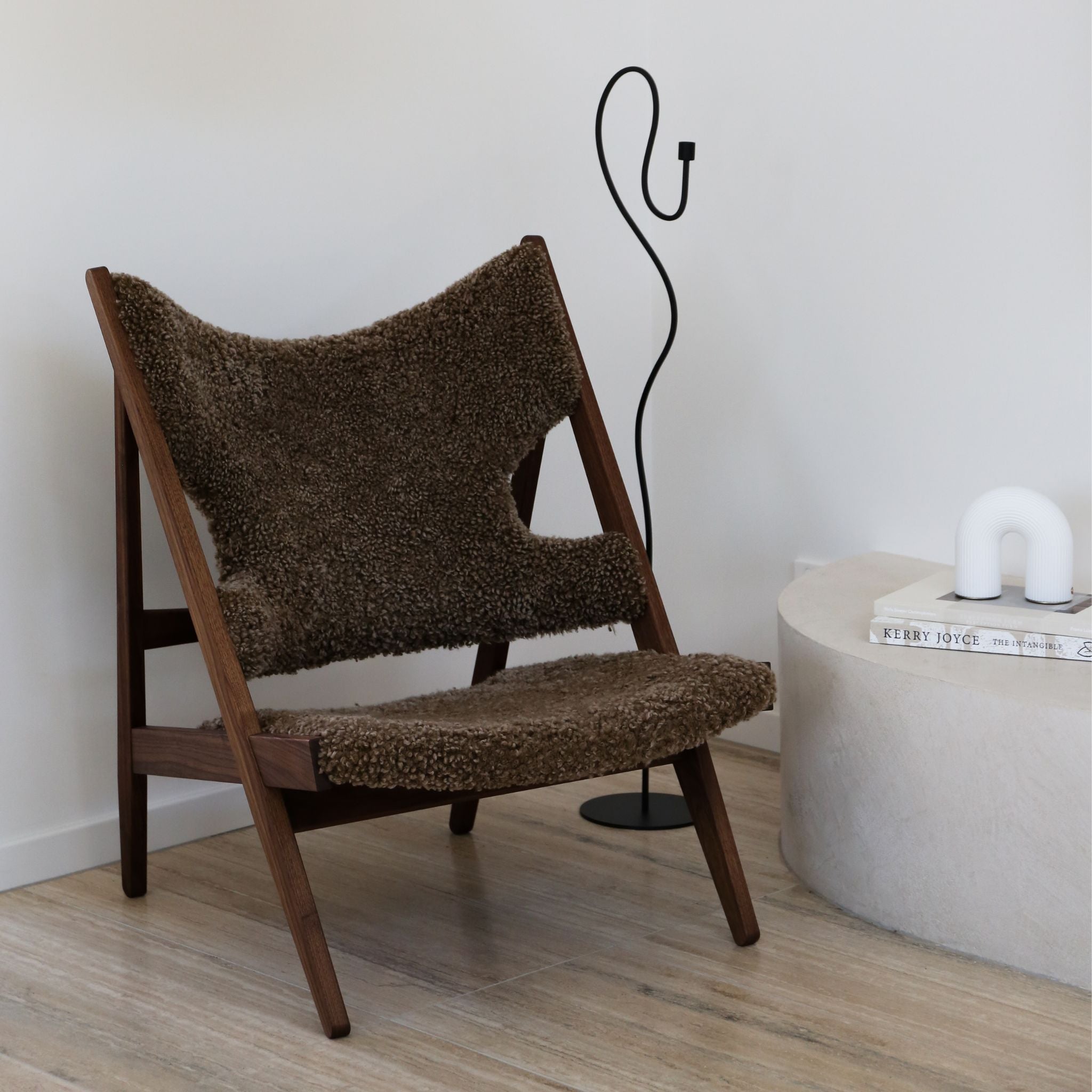 AUDO CPH Knitting Lounge Chair with Walnut Base & Sheepskin Upholstery in Sahara - Modern Scandinavian Design for Living Room, Bedroom, or Office Relaxation