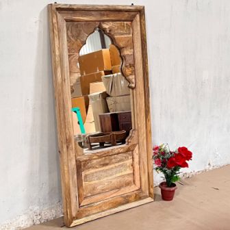 Handmade Indian Wooden Wall Mirror Frame - Carved Wood Design, Natural Finish, 80x50x150cm - Perfect for Living Room, Bedroom & Home Decor