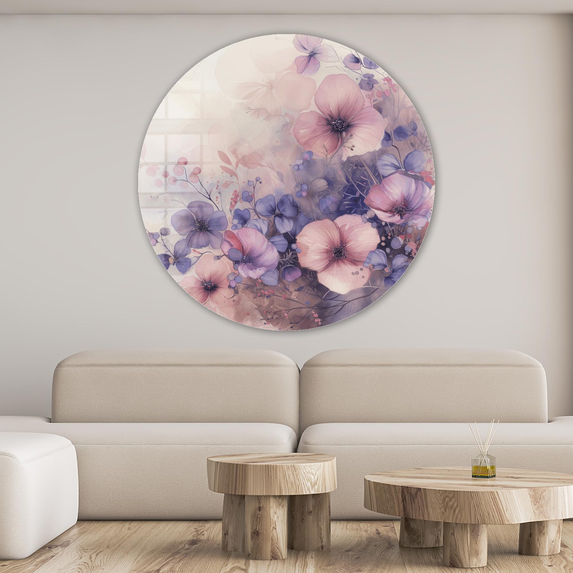 Whispers of Bloom Round Glass Wall Art - Elegant Home Decor for Living Room, Bedroom & Office