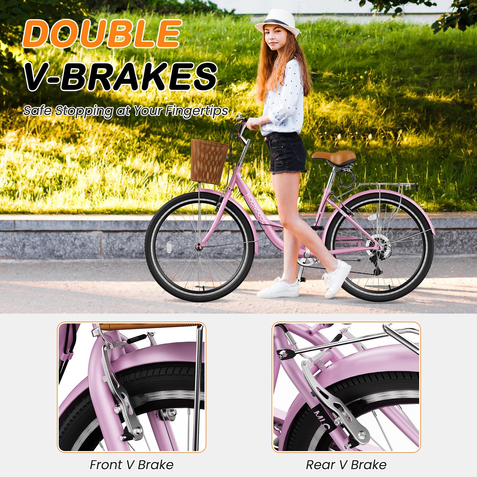 MOPHOTO Women's 7-Speed Beach Cruiser Bike - 24 & 26 Inch Step-Through City Commuter Bicycle with Rattan Basket for Adults, Girls & Ladies - Perfect for Coastal Rides, Urban Commuting & Leisure Cycling