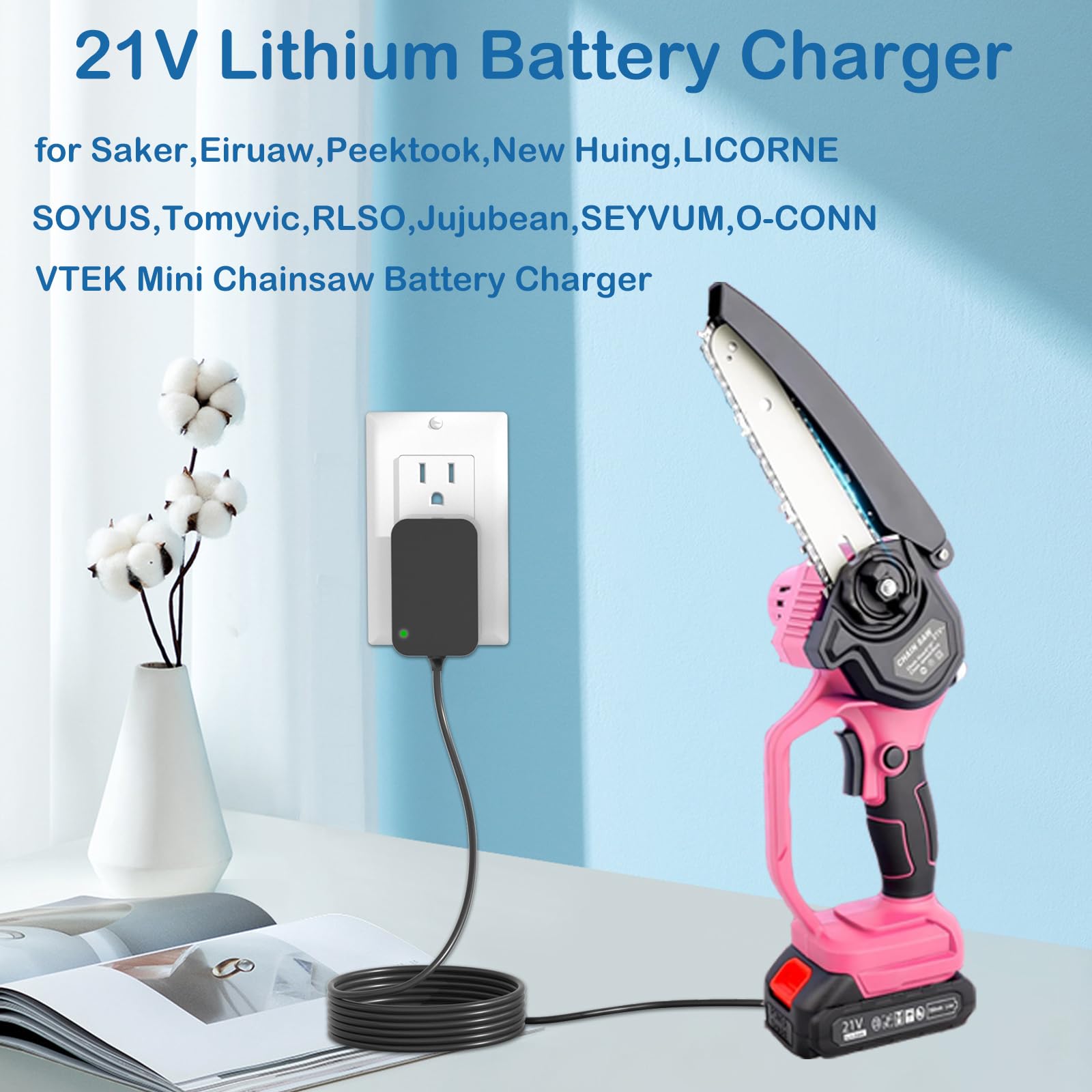 21V Mini Chainsaw Battery Charger Replacement for Saker, Eiruaw, Peektook, SOYUS, New Huing, Licorne, RLSOO, Tomyvic Cordless Electric Chainsaws - AC Power Adapter for DIY, Wood Cutting, Gardening & Outdoor Projects