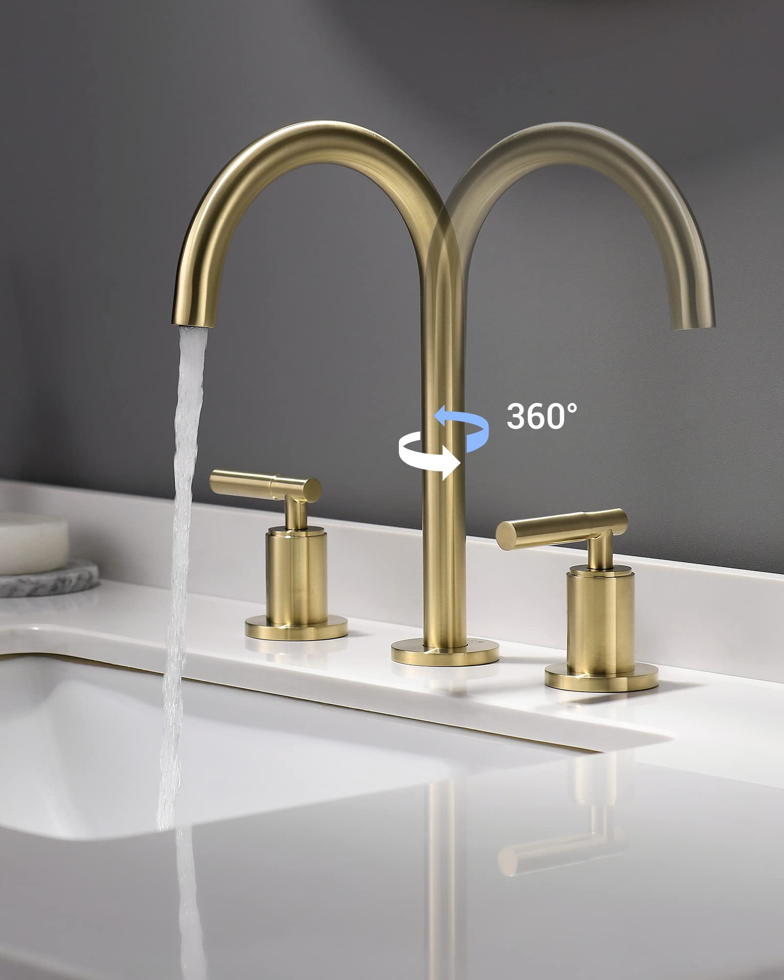Brushed Gold Bathroom Faucet - Indare 2-Handle Widespread Sink Faucet with 360° Swivel Spout, 4-8 Inch Centerset, Brass Construction, Includes Pop-Up Drain & Water Supply Lines - Perfect for Modern Bathroom Vanities and Powder Rooms