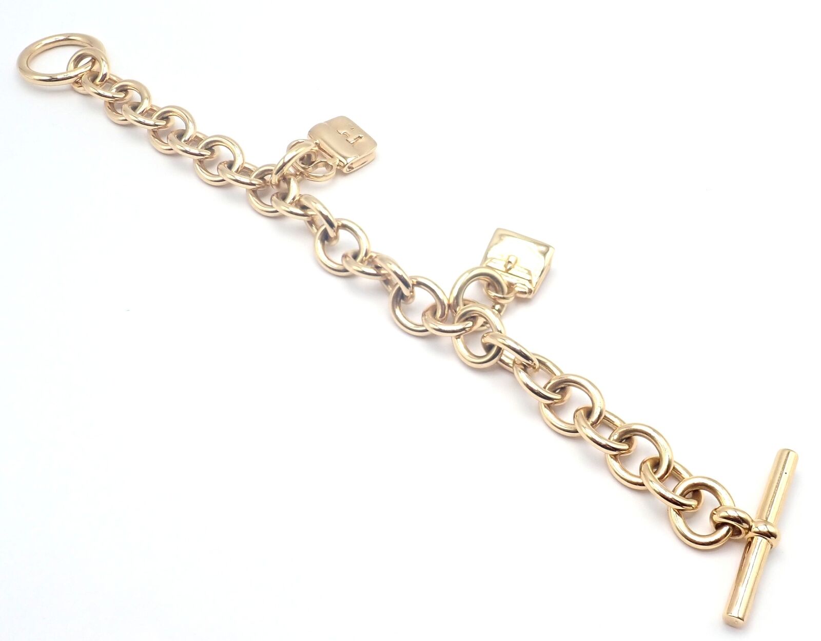 Authentic Hermes 18k Yellow Gold Heavy Link Toggle Bracelet with Two Charms - Luxury Jewelry for Women, Perfect for Gifts, Parties & Special Occasions