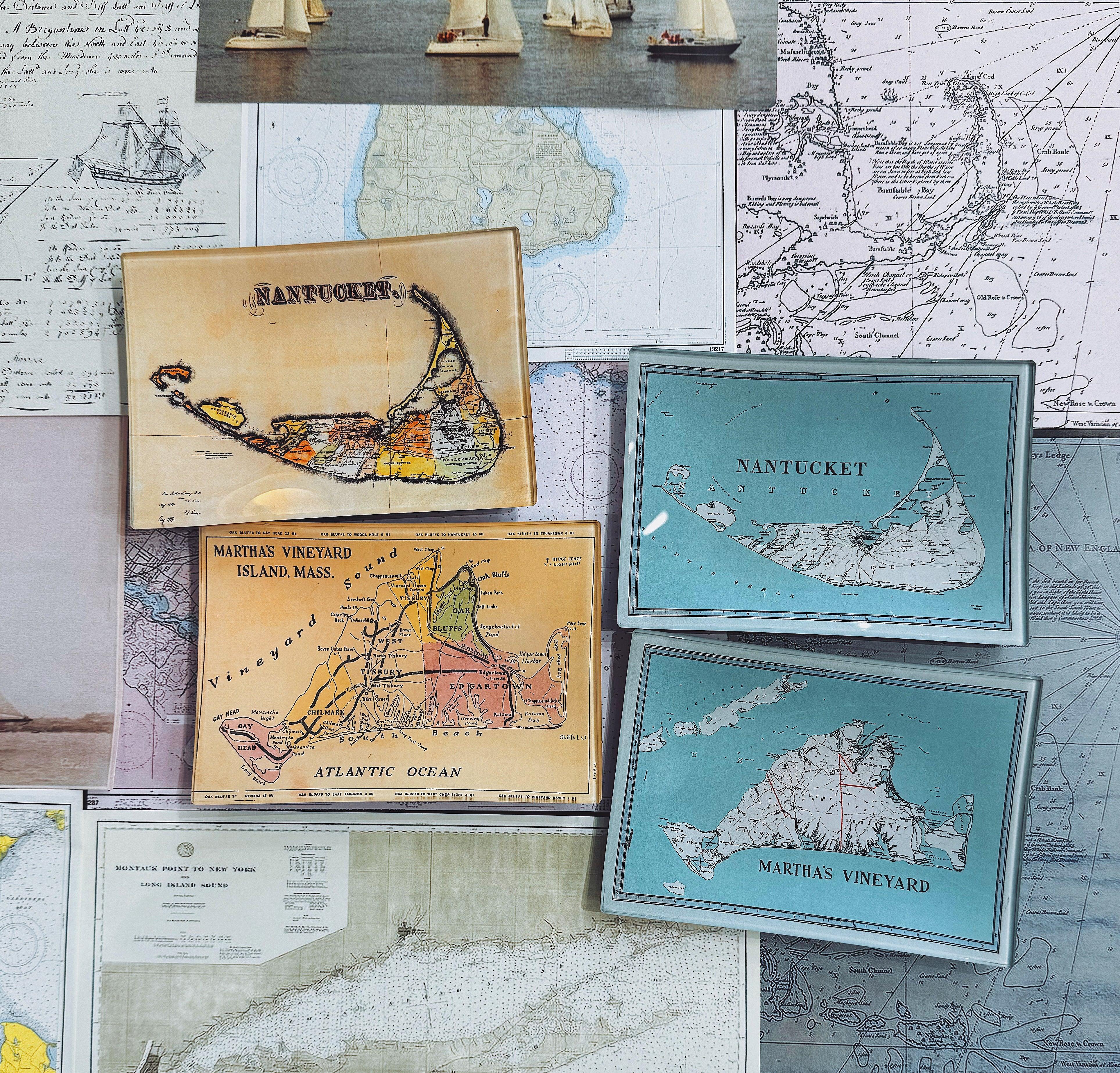 Nantucket Sound Decoupage Glass Map Tray - Coastal Home Decor, Beach House Serving Tray, Nautical Gift for Kitchen & Dining Room