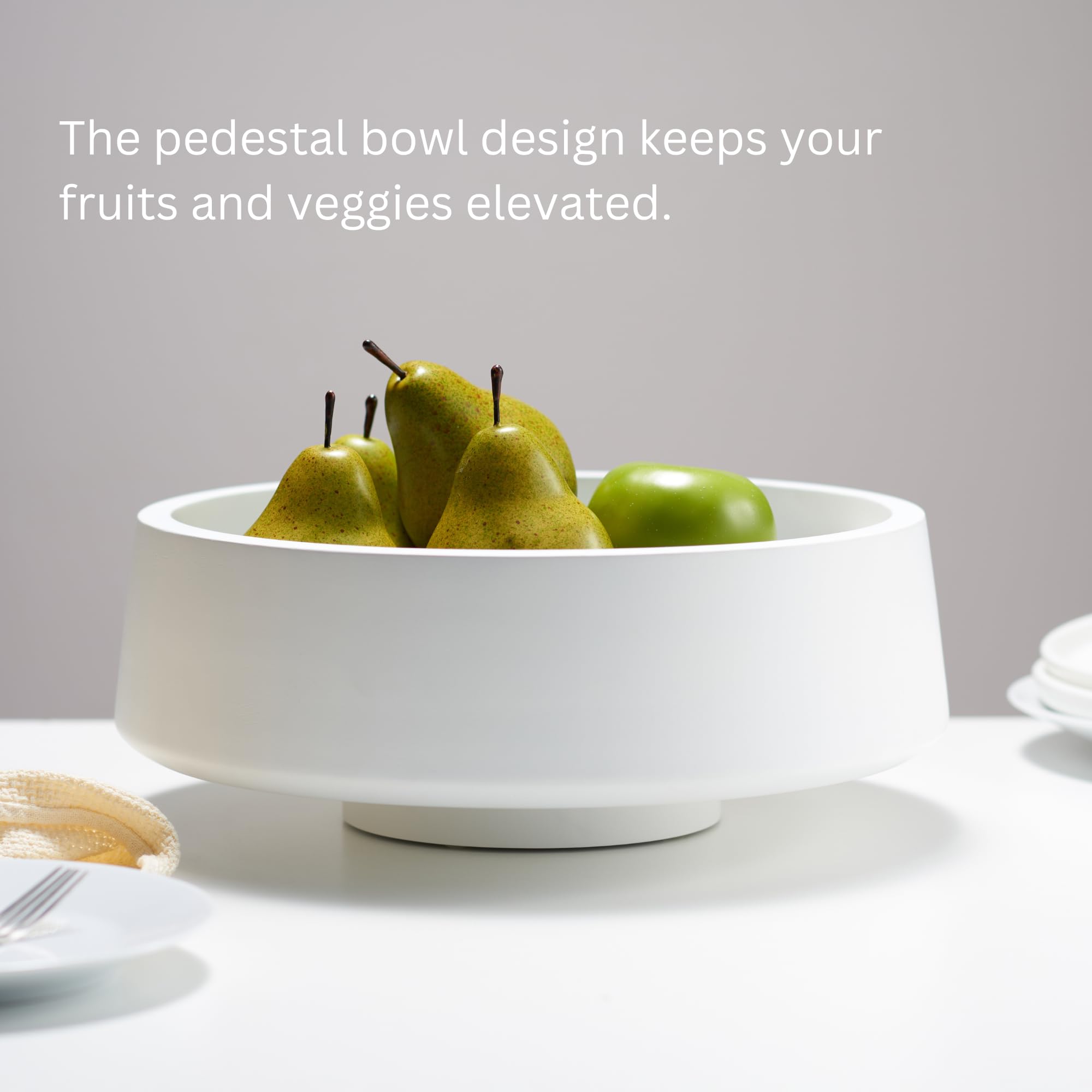 14.2-inch Large White Wooden Fruit Bowl with Pedestal - Decorative Kitchen Countertop Bowl for Displaying Fruits, Apples, Bananas & Home Decor