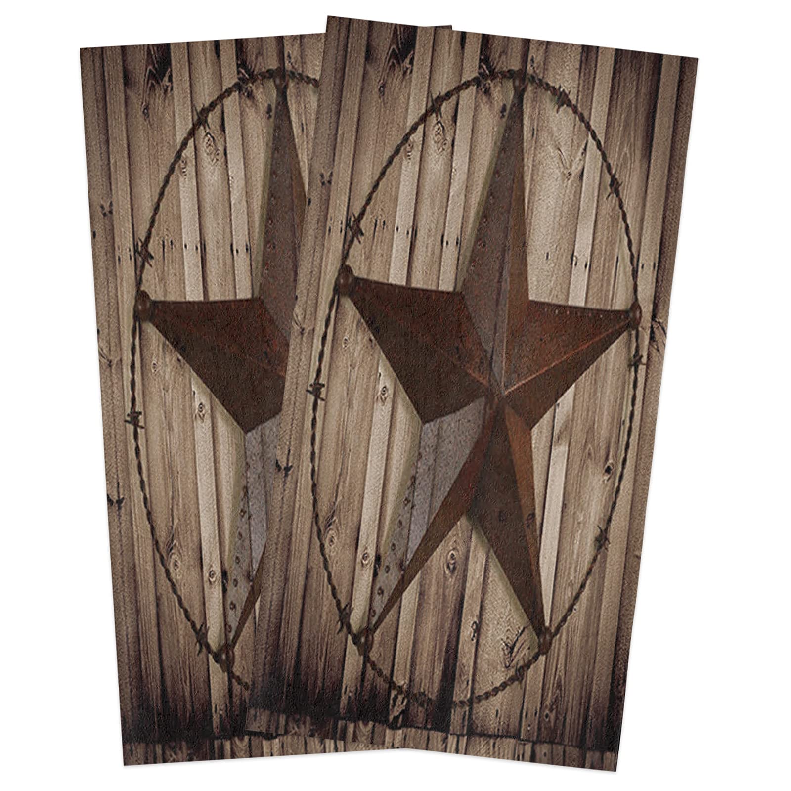 Vintage Texas Star Cotton Kitchen Towels Set of 2 - 16x28 Inches Soft Absorbent Dish Cloths, Tea Towels & Hand Towels for Kitchen, Bar, Dining - Rustic Barn Wood Design for Farmhouse Decor