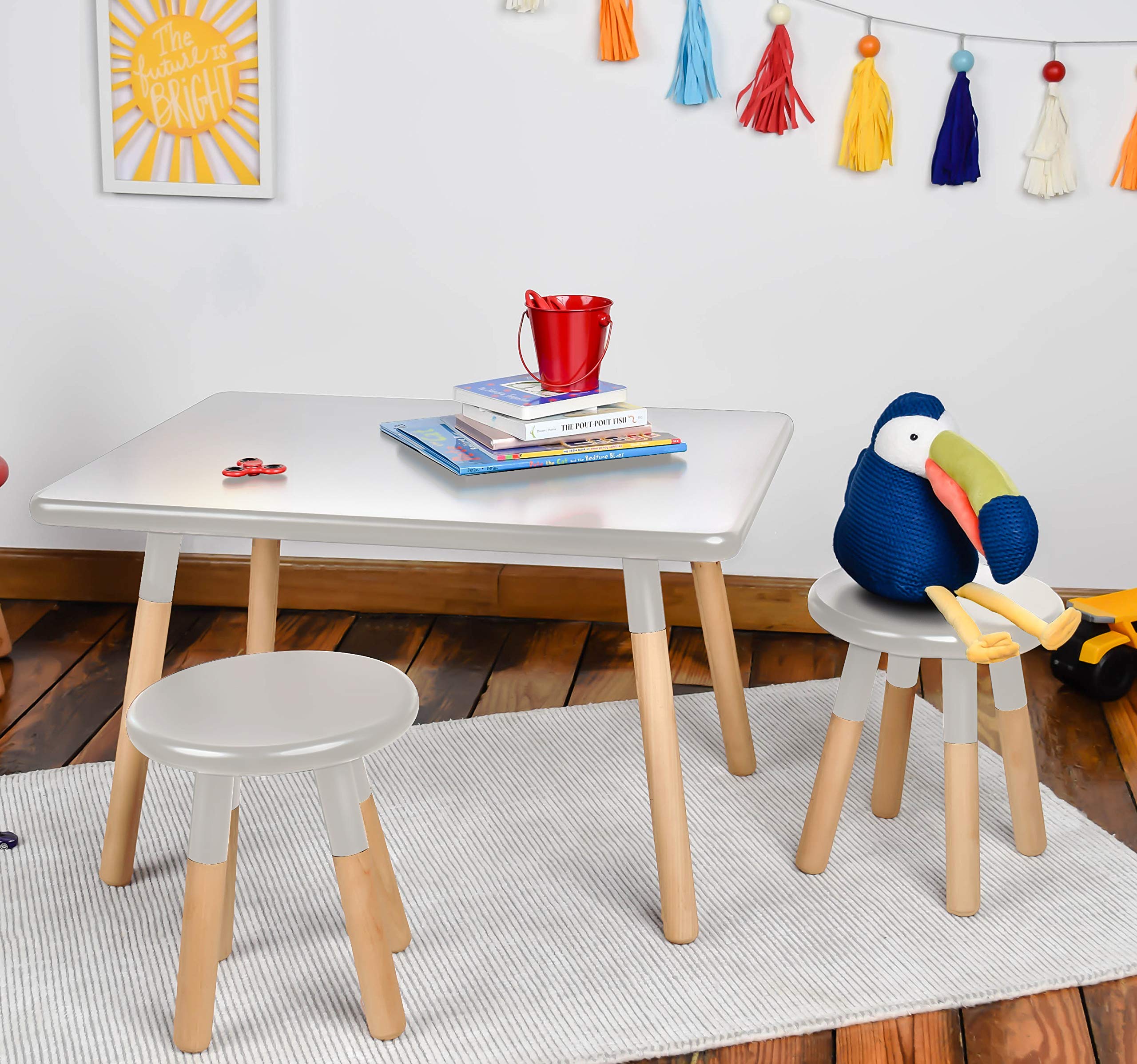 ACEssentials Kids Dipped Table and Stool Set - Gray Wooden Children's Furniture for Playroom, Classroom & Home Learning Activities