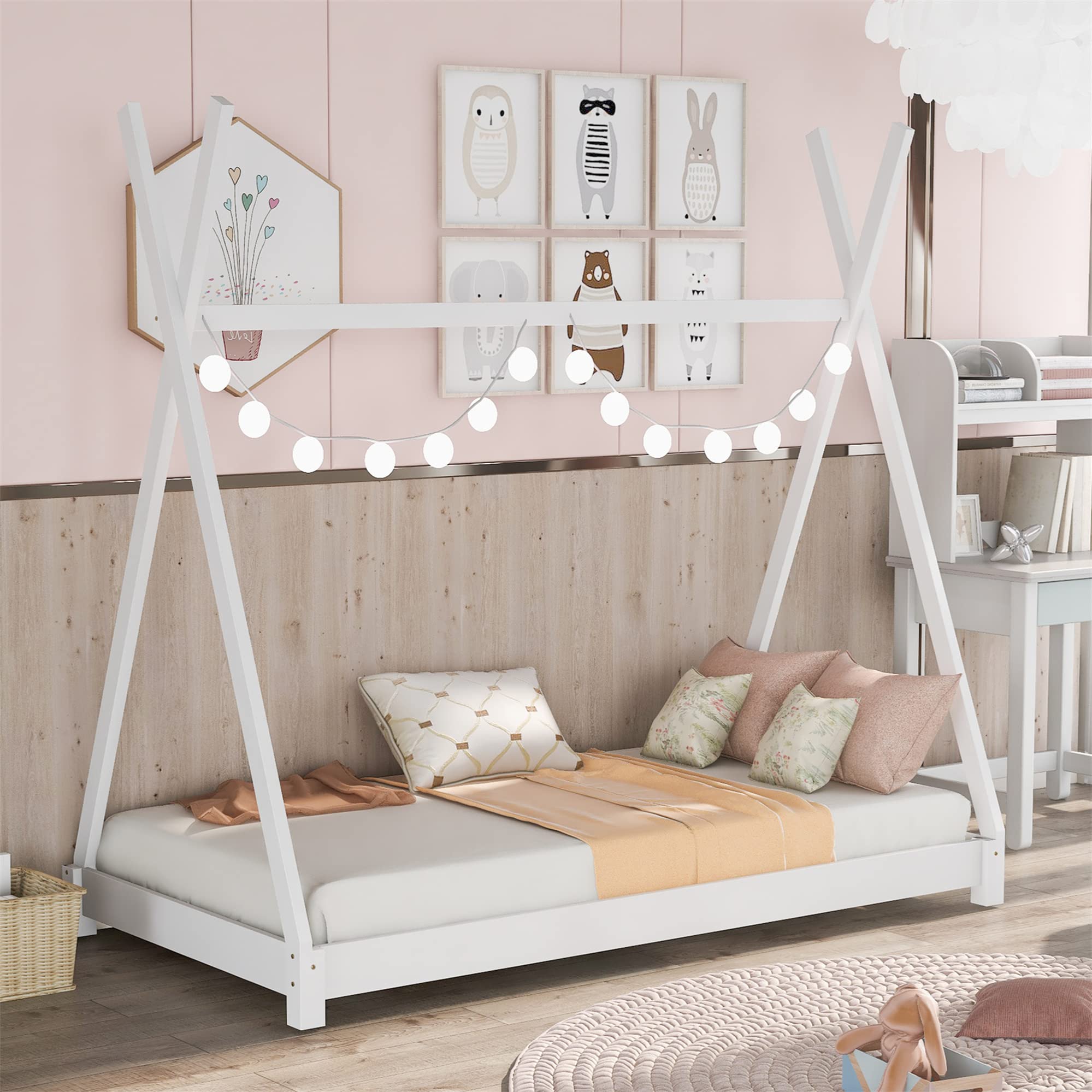 **Wooden Twin House Bed for Kids & Toddlers - Sturdy Triangle Structure, White Floor Bed Frame for Boys & Girls Bedroom - No Box Spring Needed - Perfect for Playtime & Sleepovers**