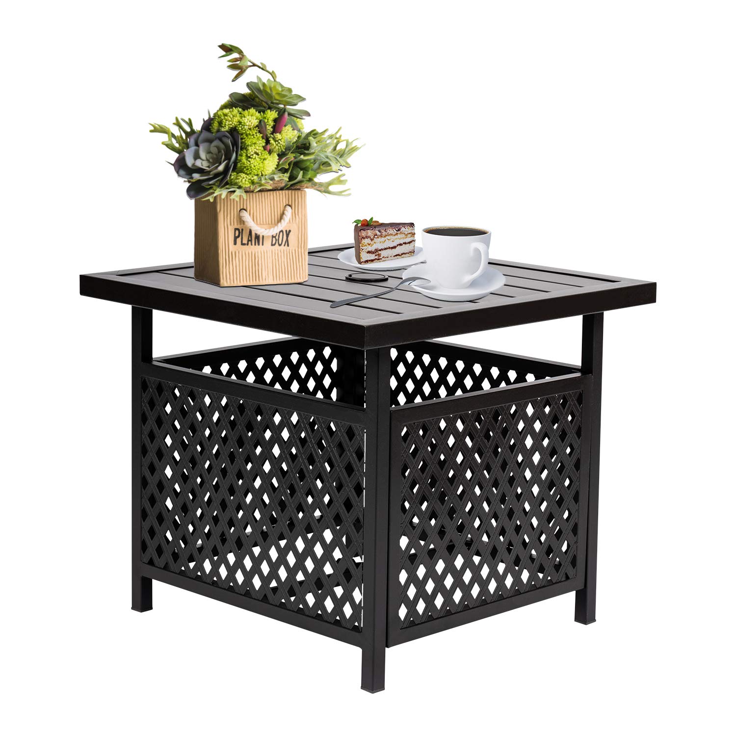 Betterland Outdoor Umbrella Side Table - Black Metal Square Patio Coffee Table with 1.57