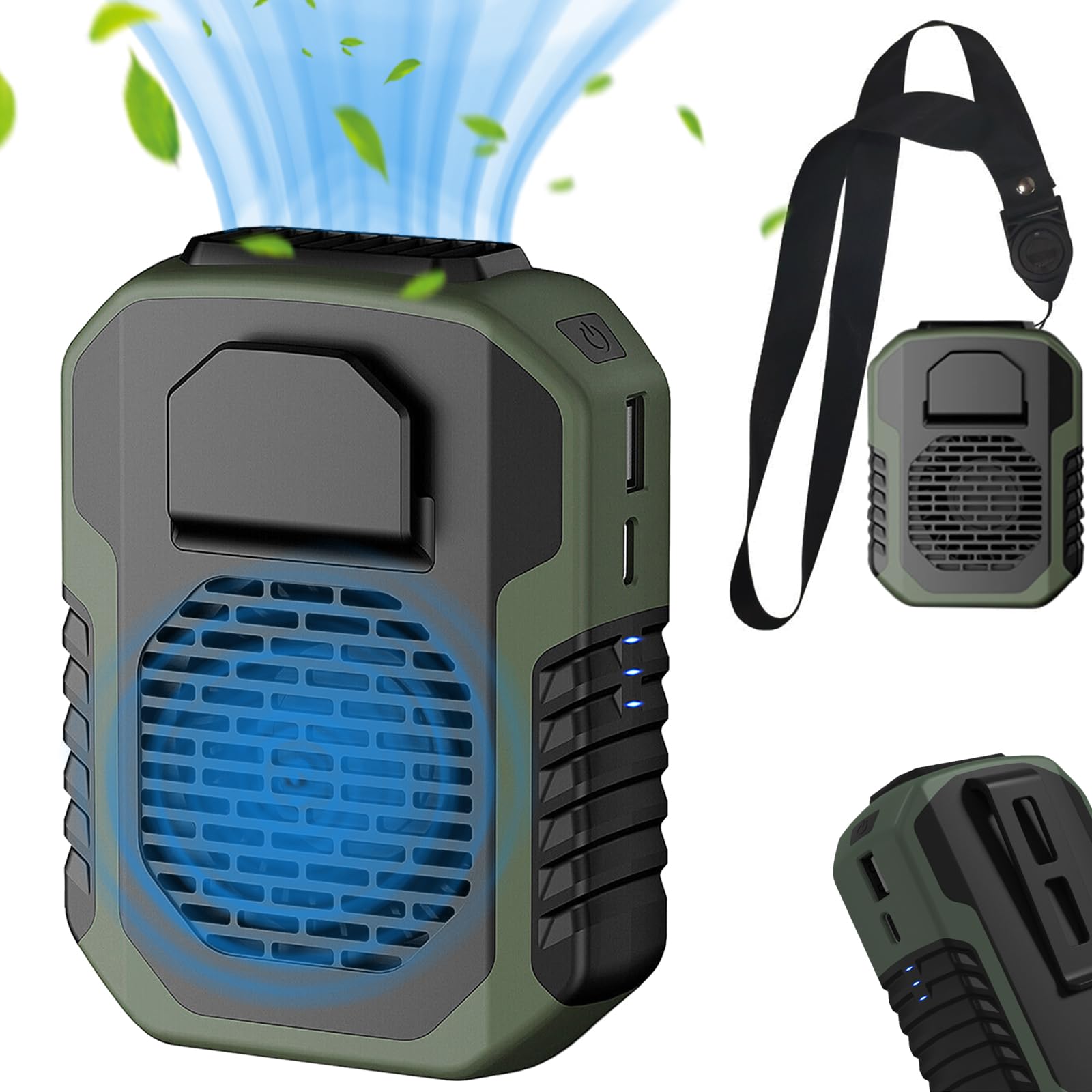 Portable Waist Fan 6000mAh Rechargeable - Necklace Personal Fan with 20 Hours Working Time, 3 Speed Settings & 6000RPM Strong Airflow - Hands-Free Cooling Fan for Outdoor, Jobsite, Farm, Travel, Cycling, Hiking, Camping (Green)