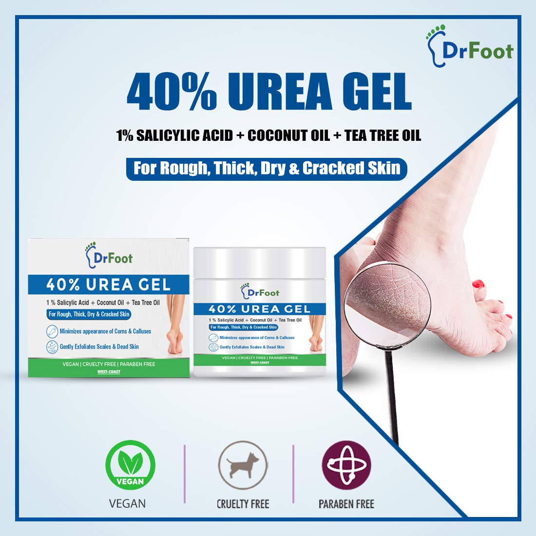 Dr Foot Cracked Heel Repair Cream - 40% Urea & 1% Salicylic Acid Foot Care Treatment for Dry, Rough Feet - Dead Skin Remover Gel for Cracked Heels & Calluses - Perfect for Daily Foot Care Routine, Pedicures & Winter Foot Protection