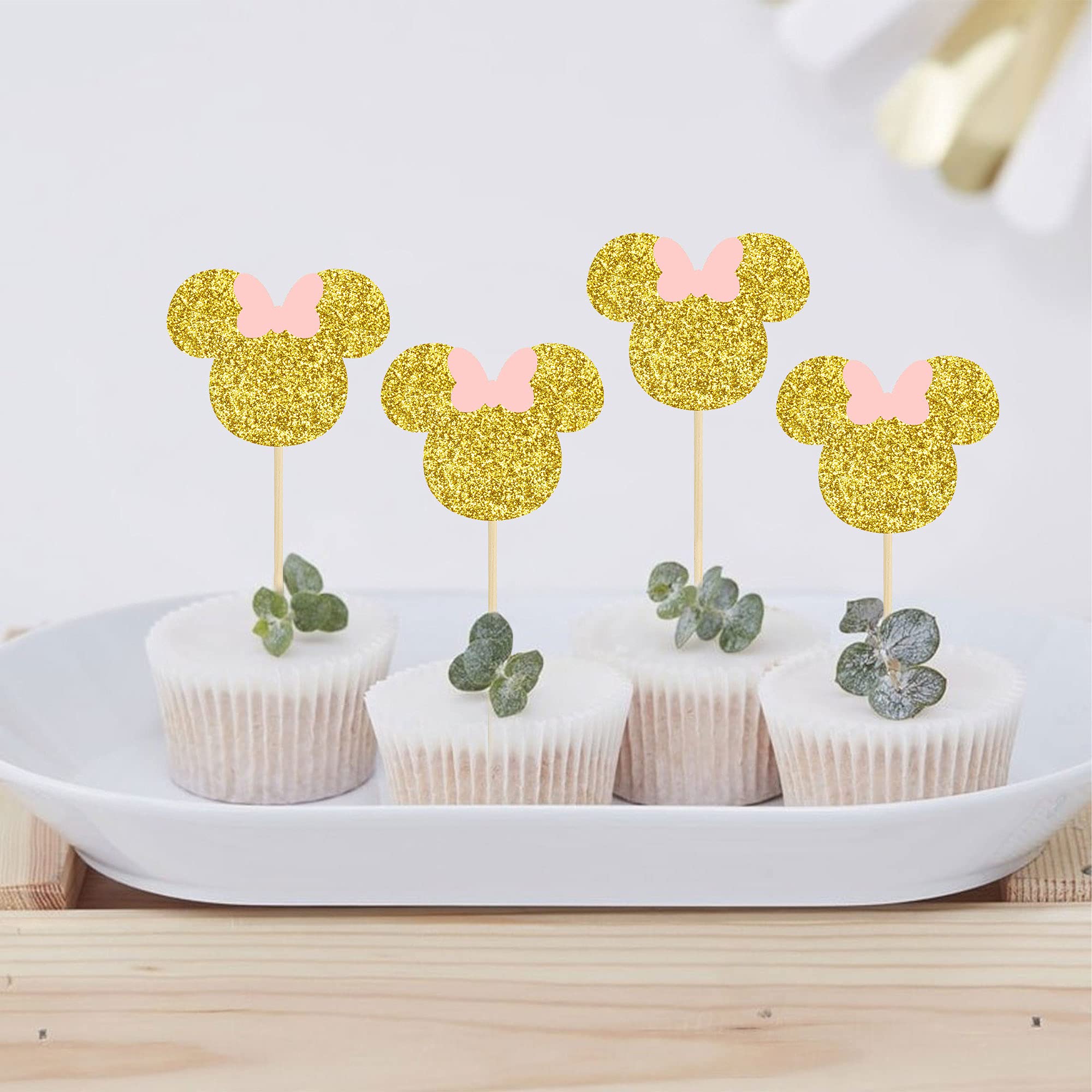 36 Pack Mouse-Inspired Cupcake Toppers with Pink Bow & Gold Glitter - Adorable Baby Shower, Wedding, Kids Birthday Party Cake Decorations - Perfect for Themed Desserts, DIY Baking, and Special Celebrations