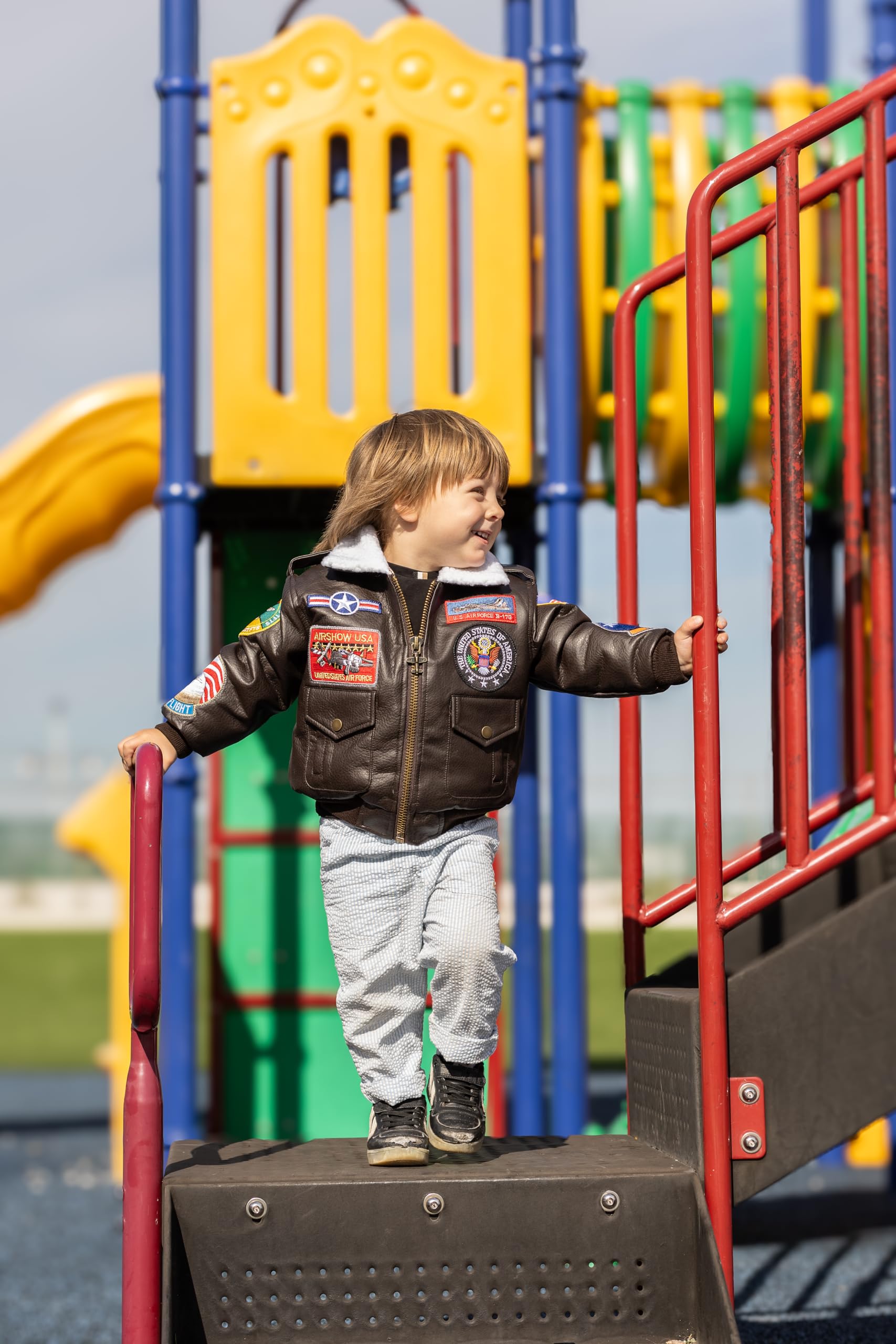 Kids' Medium-Weight Brown A-2 Bomber Jacket with 9 Patches - Stylish Outerwear for Boys & Girls, Perfect for School, Playdates & Outdoor Adventures
