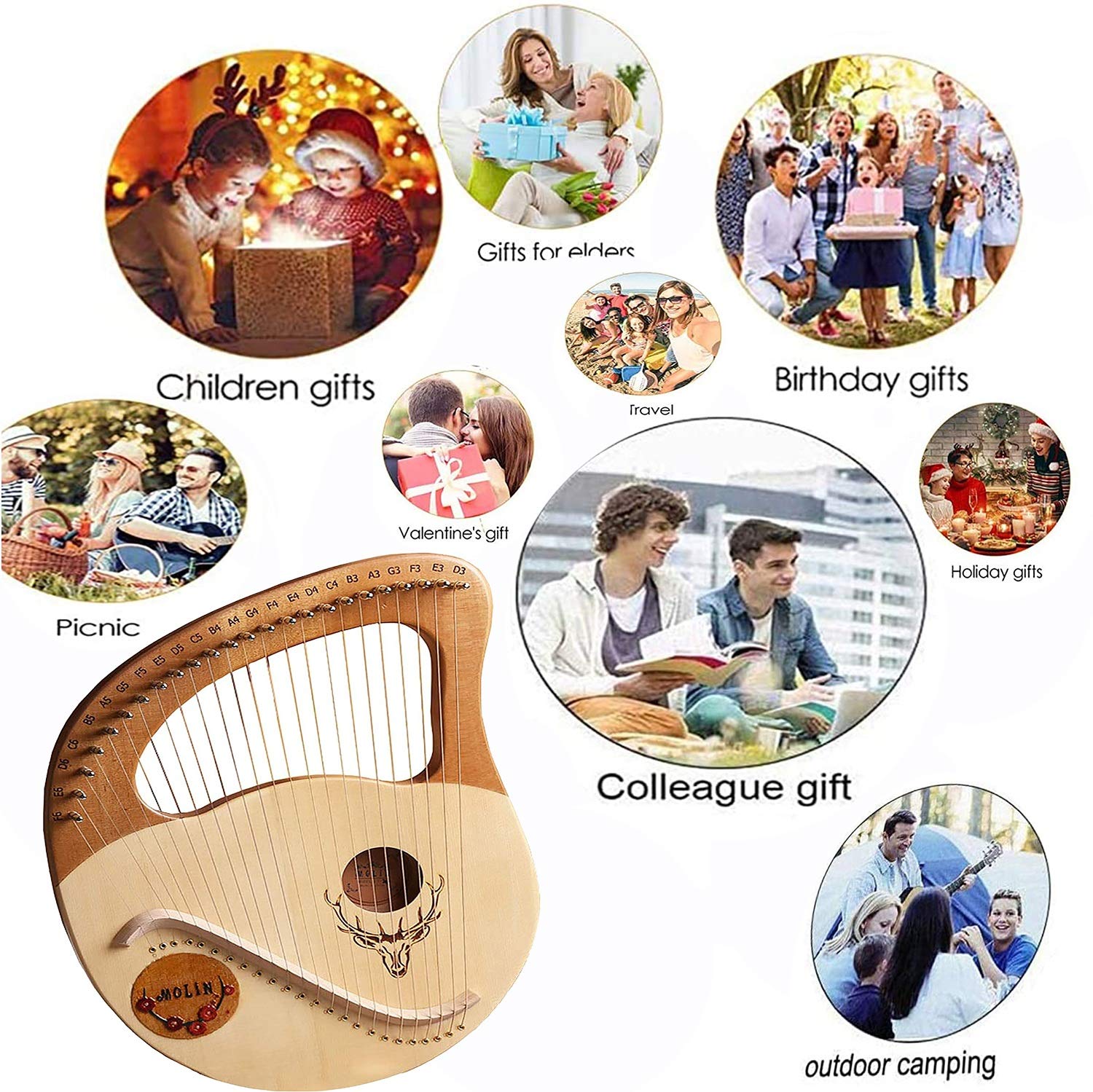 19-String Lyre Harp - Solid Mahogany Wood with Carry Bag, Portable Musical Instrument for Beginners & Professionals | Unique Handcrafted Design, Perfect Gift for Kids & Adults (Green) | Ideal for Meditation, Music Therapy & Home Decor