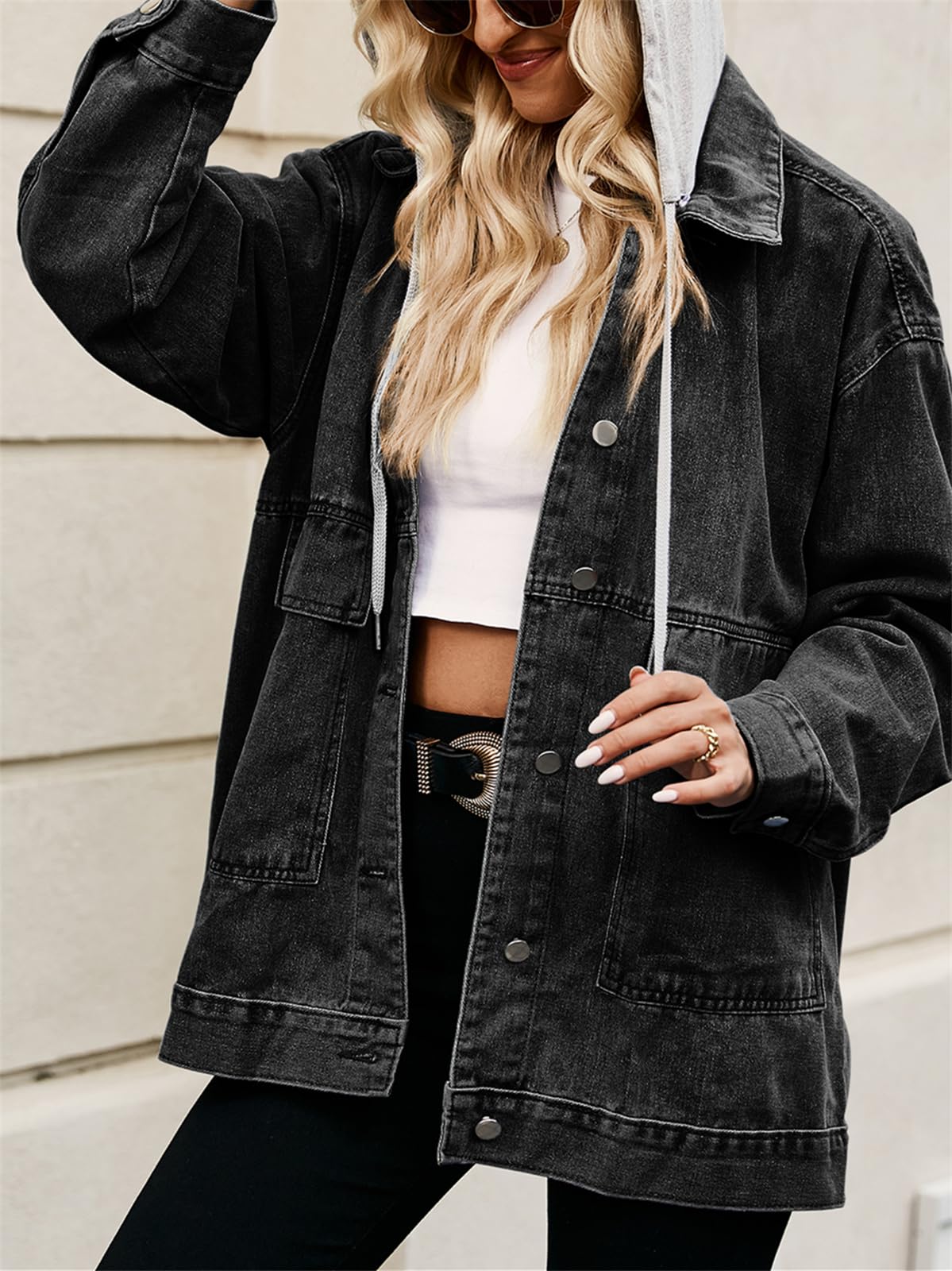 PAODIKUAI Women's Vintage Oversized Denim Jacket - Long Sleeve Distressed Jean Coat with Detachable Hood | Casual Streetwear, Fall Layering, Boho Outfit Essential
