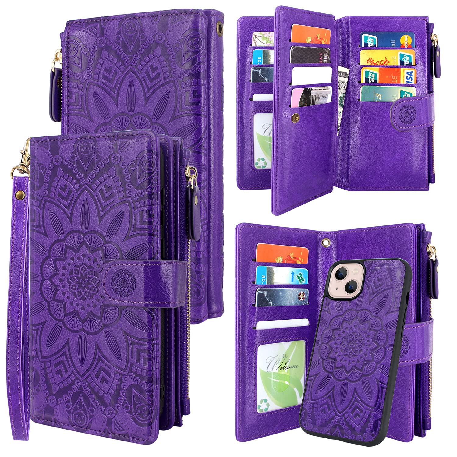 Harryshell Magnetic Wallet Case for iPhone 14/13 (6.1 inch) - Detachable 5G Compatible Cover with Zipper Cash Pocket, Multi Card Slots, Wrist Strap & Lanyard - Floral Flower Design (Purple) | Perfect for Travel, Shopping & Everyday Protection