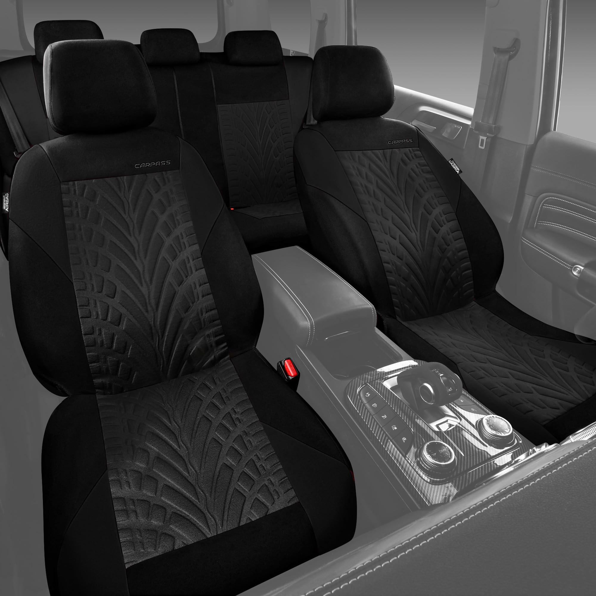 Premium CAR PASS Universal Car Seat Covers Full Set - Front & Split Rear Bench 3D Tyre Embossed Design | Airbag Compatible Quick Installation for Sedan, SUV, Truck (All Black) | Perfect for Road Trips, Daily Commute & Pet Protection