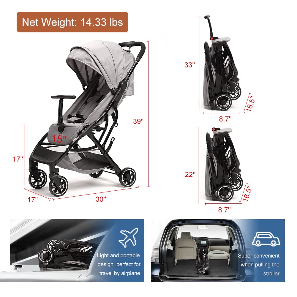 COOL KIDS Lightweight Automatic Fold Travel Stroller with Pop-Out Sun Canopy - Compact Umbrella Stroller for Toddlers (Gray) | Perfect for Airplane, Shopping & Daily Walks