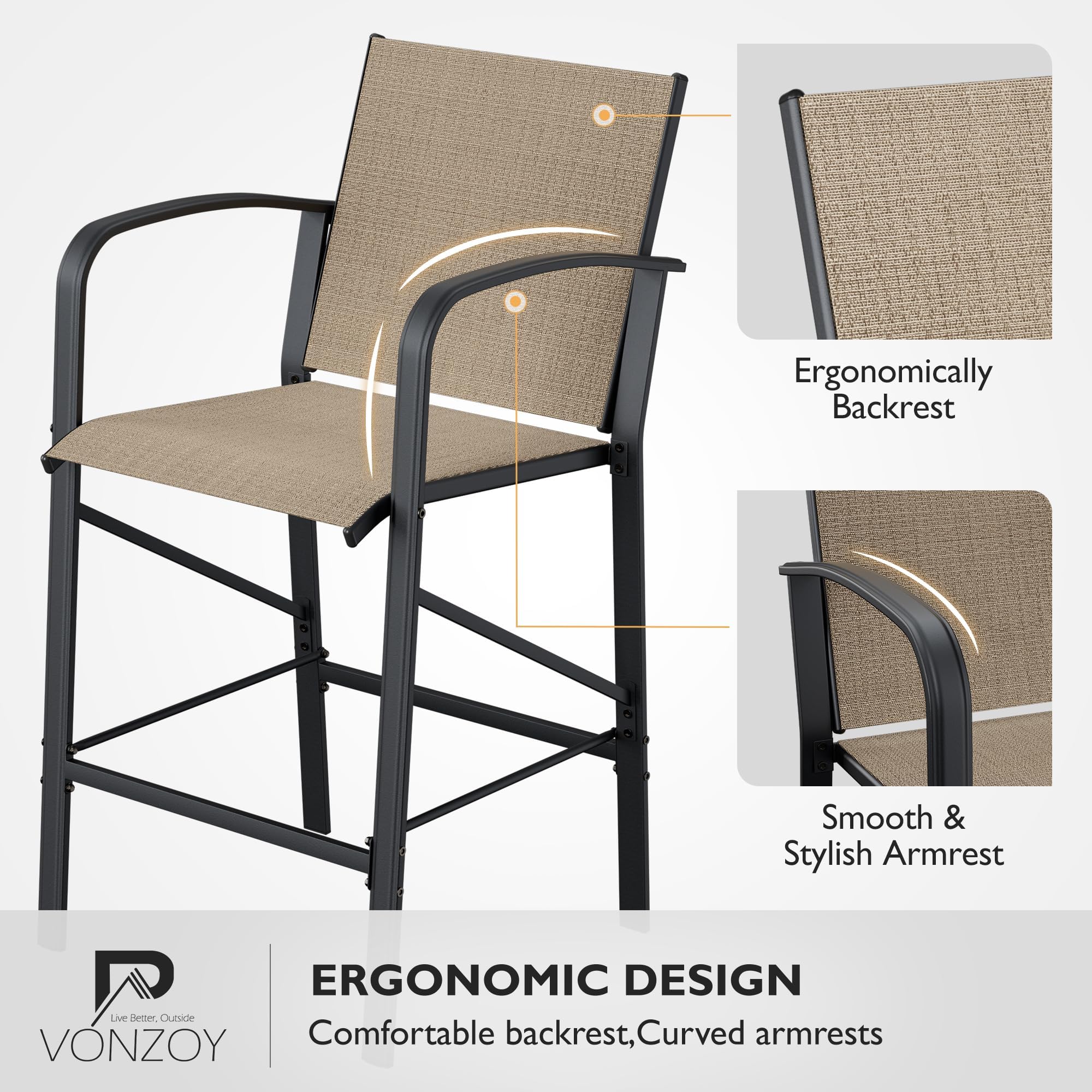 4-Piece Outdoor Bar Stools Set - Heavy Duty 300lb Capacity All-Weather Mesh Bar Height Chairs for Patio, Deck, Backyard & Poolside - Comfortable Brown Seating Furniture