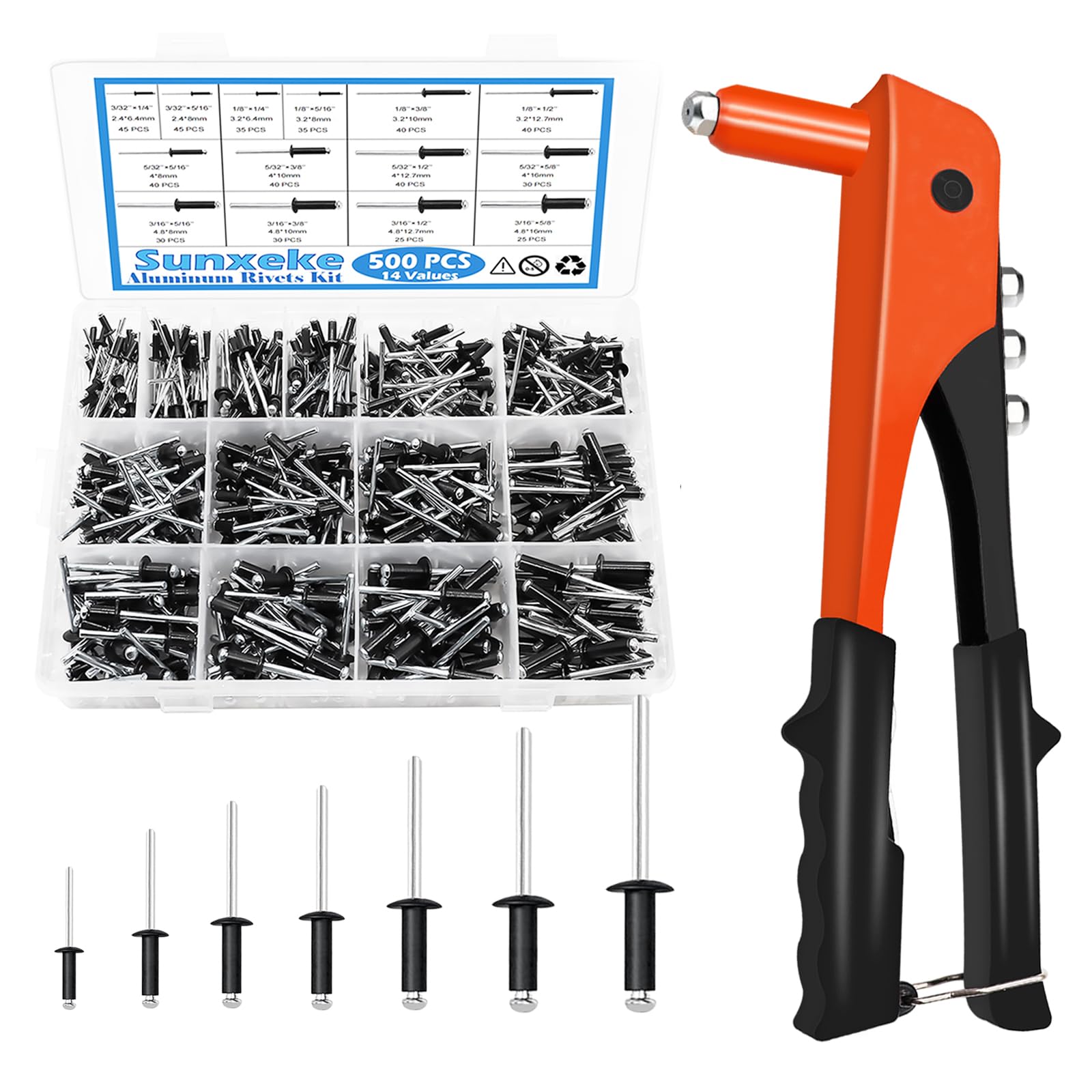 Heavy Duty Riveter Kit with 500PCS 14 Sizes Aluminum Blind Rivets - Professional Pop Rivet Gun & Black Pop Rivets Assortment for DIY, Automotive Repairs, Furniture Making - Perfect for Home Improvement & Metalworking Projects