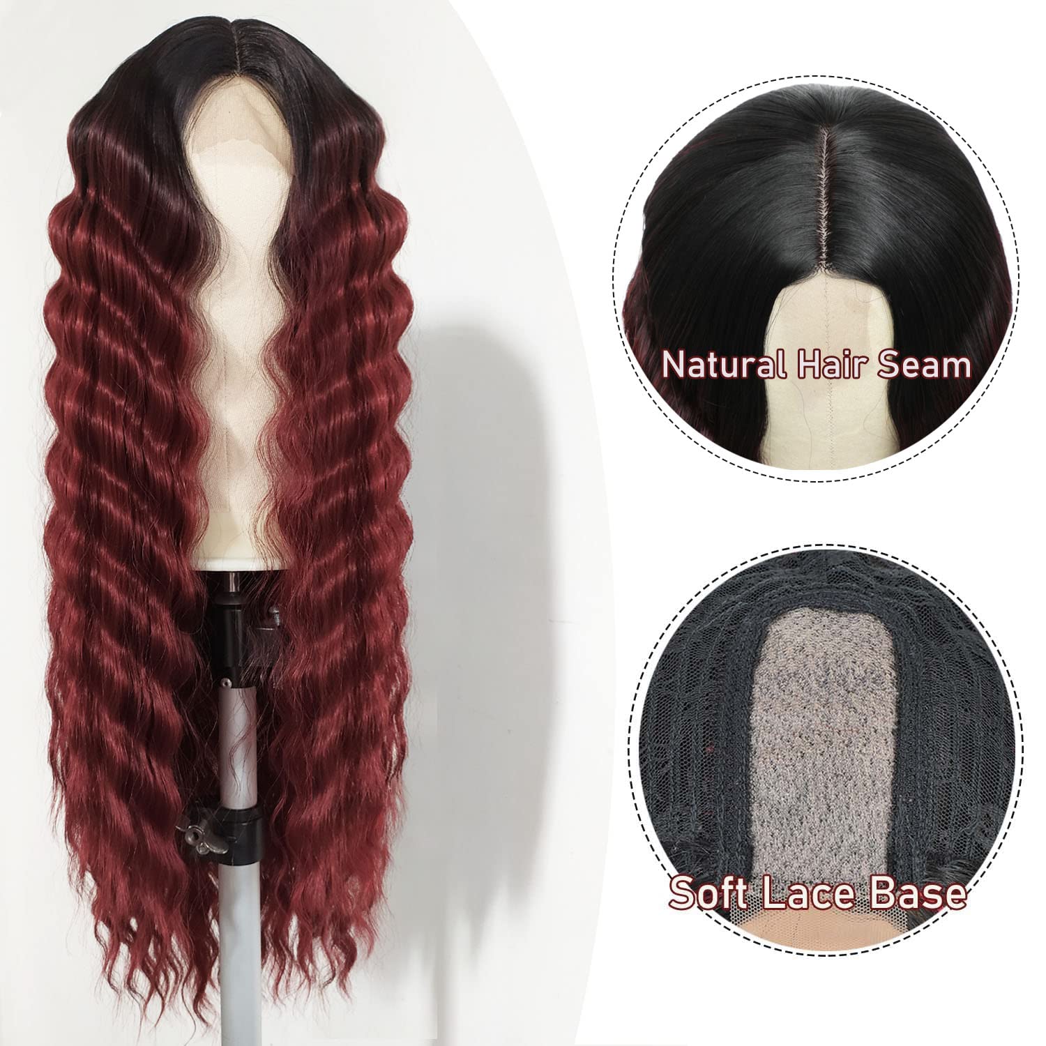 30 Inch Loose Deep Wave Synthetic Wig for Women - Long Curly Lace Front Wig with Simulated Scalp - Ombre Black Burgundy Color 1B/118 - Perfect for Cosplay, Parties & Everyday Glam