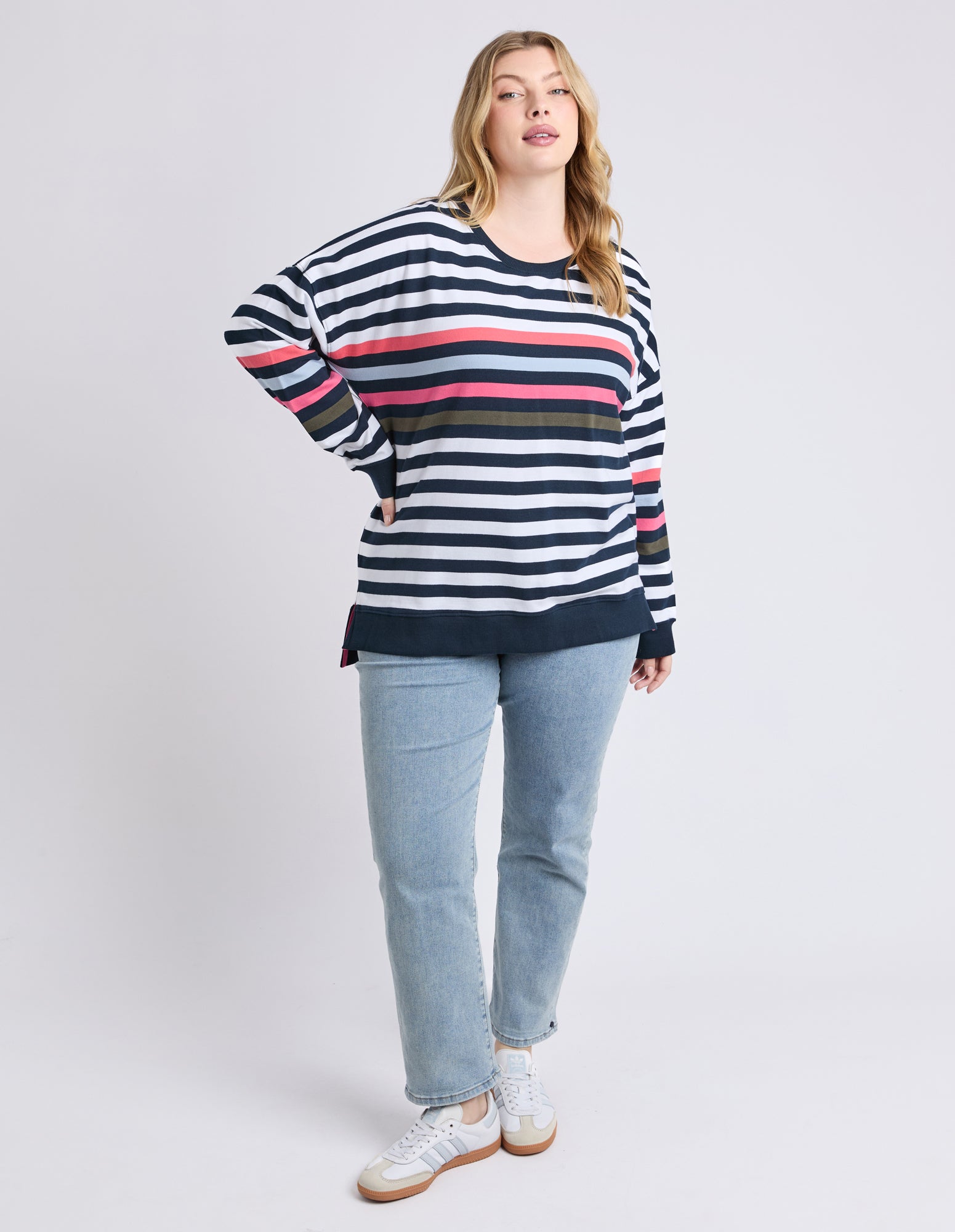 Elm Merriment Crew Neck Sweater - Navy & White Striped Pullover for Men & Women | Cozy Casual Wear for Fall & Winter