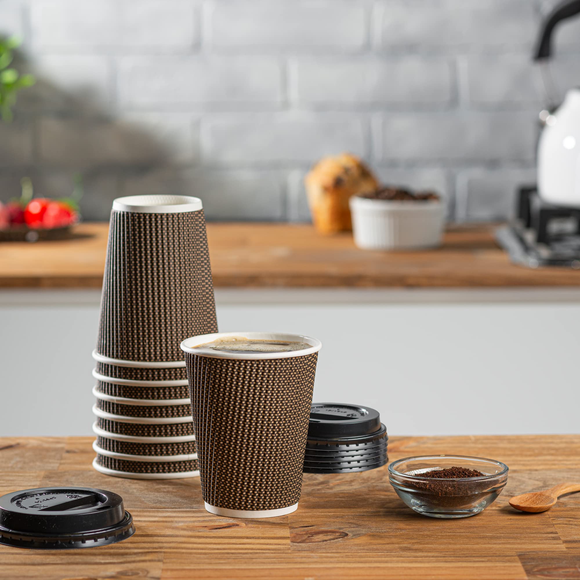 300 Pack 12 oz Insulated Brown Ripple Paper Coffee Cups with Lids - Eco-Friendly Disposable Hot Beverage Cups for Coffee, Tea, Hot Chocolate - Perfect for Cafes, Offices, Travel & Takeout