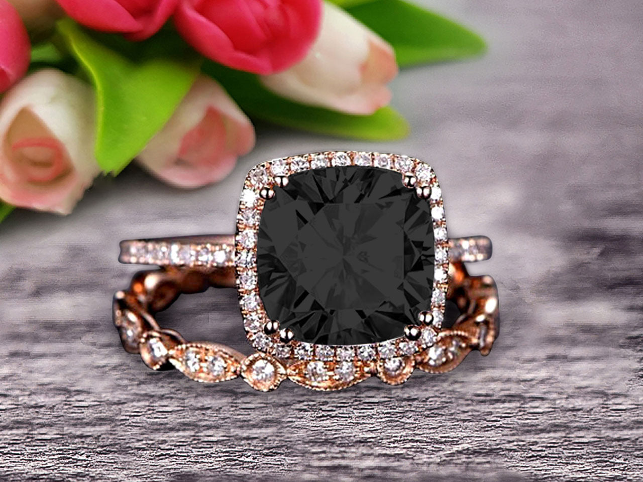 1.75 Carat Classic Cushion Black Diamond Moissanite Wedding Ring Set - 10k Rose Gold Engagement Band for Women, Perfect for Proposals, Anniversaries & Special Occasions