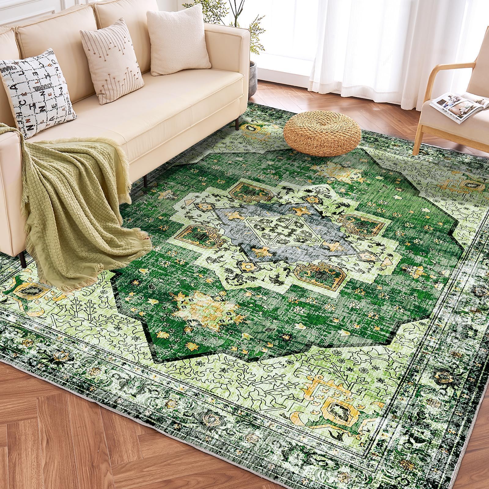 8x10 Area Rugs for Living Room & Bedroom - Faux Wool Low-Pile Non-Slip Washable Carpet with TPR Backing - Durable Green Large Rug for High Traffic Areas - Perfect for Home, Office & Apartment Decor