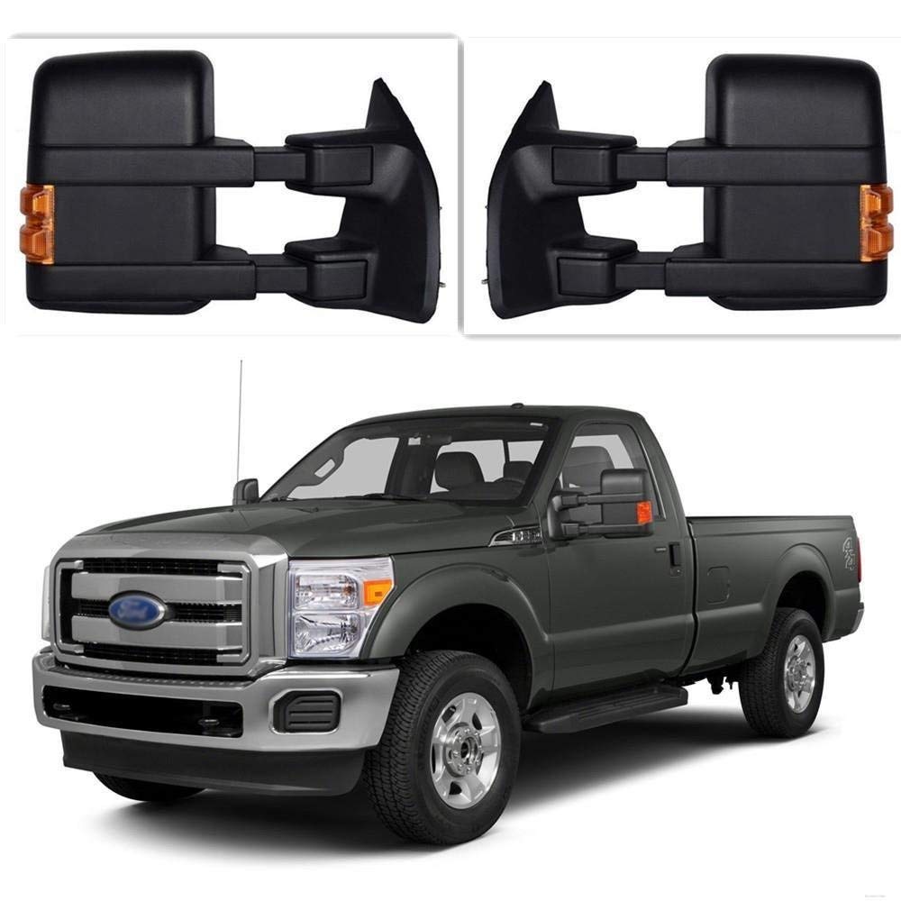 Heated Power Adjustable Towing Mirrors for 1999-2007 Ford F350 Super Duty - Textured Black with Amber Turn Signals | Perfect for Towing Trailers, Boats & RVs