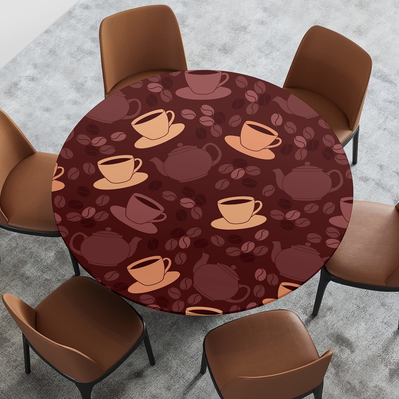 Vintage Coffee Teapot Print Round Fitted Tablecloth - 60 Inch Washable Polyester Kitchen Dining Table Cover for Home Decor, Parties, Picnics & Holidays | Perfect for Indoor and Outdoor Dining Events