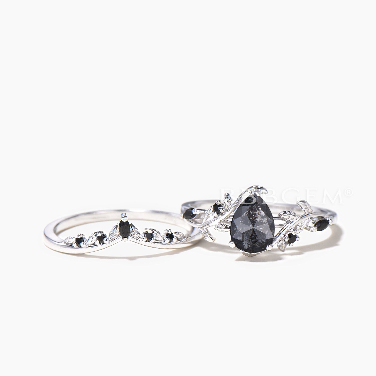 Natural Salt and Pepper Diamond Wedding Ring for Women - Pear Cut, Platinum Band, Nature Inspired Design - Perfect for Engagement, Anniversary & Bridal Jewelry