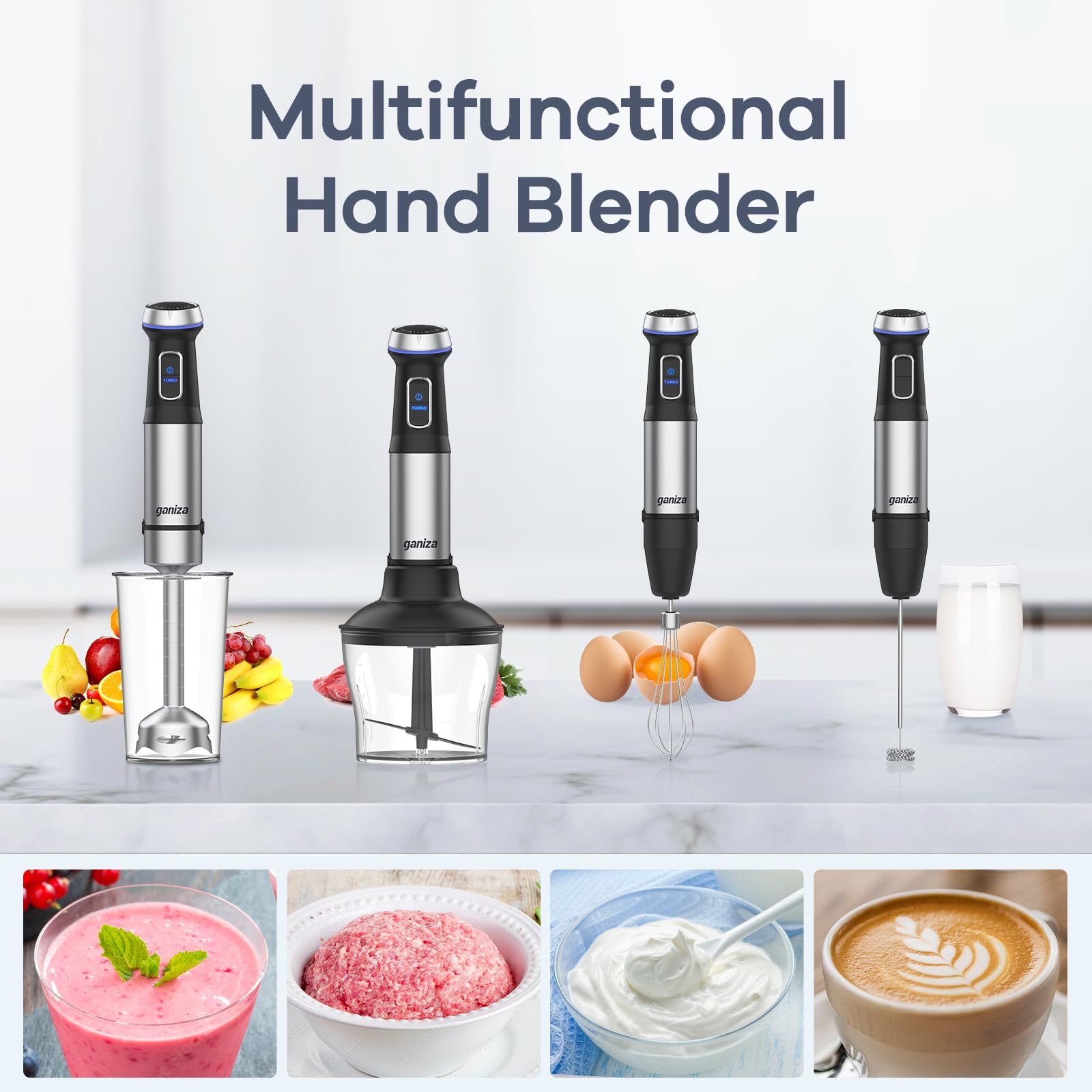 Ganiza 800W Immersion Blender - 15 Speed Electric Hand Blender with Turbo Mode, Stainless Steel Blade, 5-in-1 Stick Mixer (Milk Frother, Egg Whisk, Chopper & Beaker Included) - Perfect for Smoothies, Soups, Sauces & Baking at Home