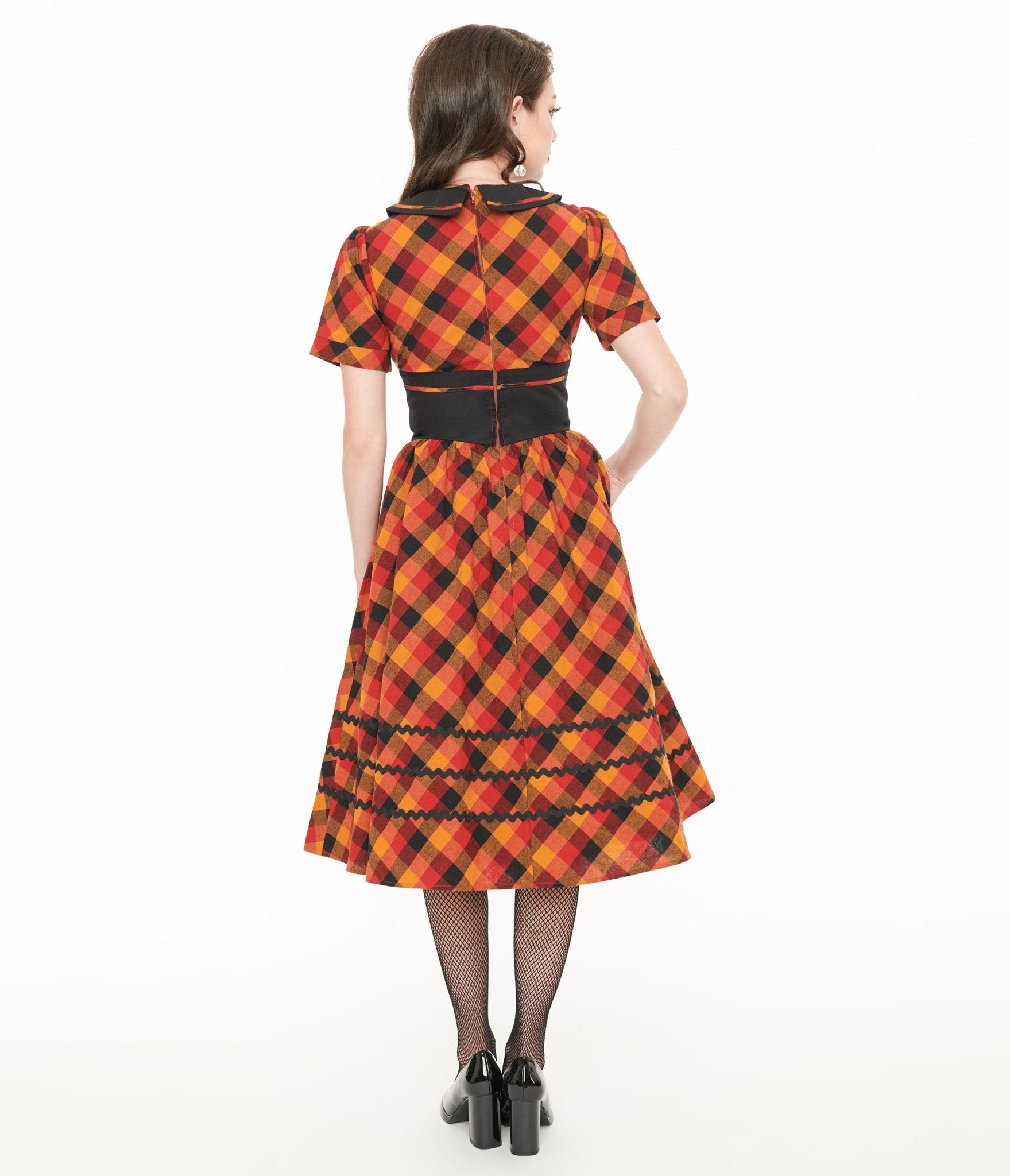 Vintage 1950s Orange & Red Plaid Swing Dress with Peter Pan Collar | Retro 50s Style Party Dress for Women | Perfect for Cocktail Parties, Holiday Events & Vintage Fashion Lovers