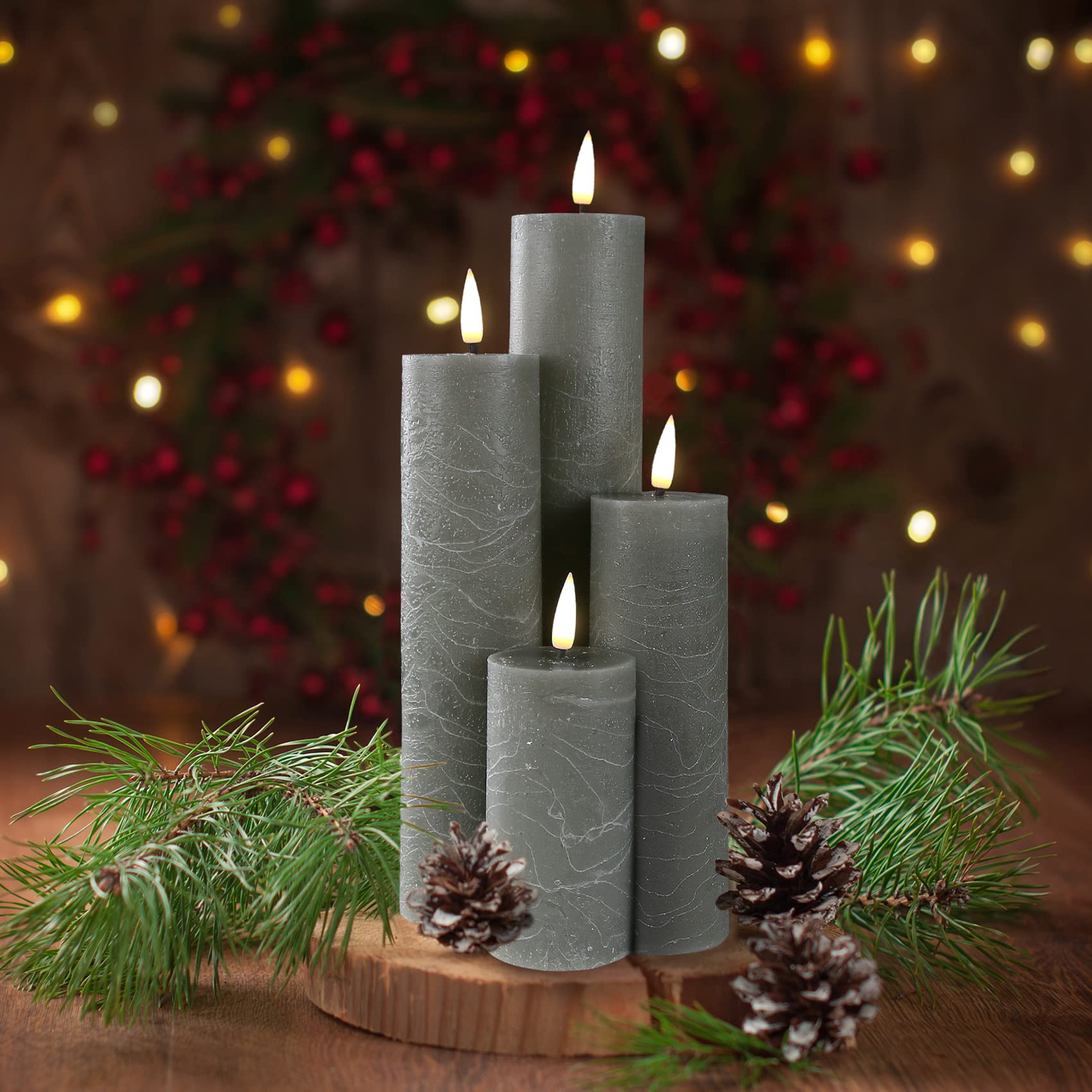 Realistic Grey Slim Flameless LED Pillar Candles with Remote - Battery Operated Flickering Wax Candles Set of 4 for Home Decor, Wedding Centerpieces & Romantic Dinner Ambiance