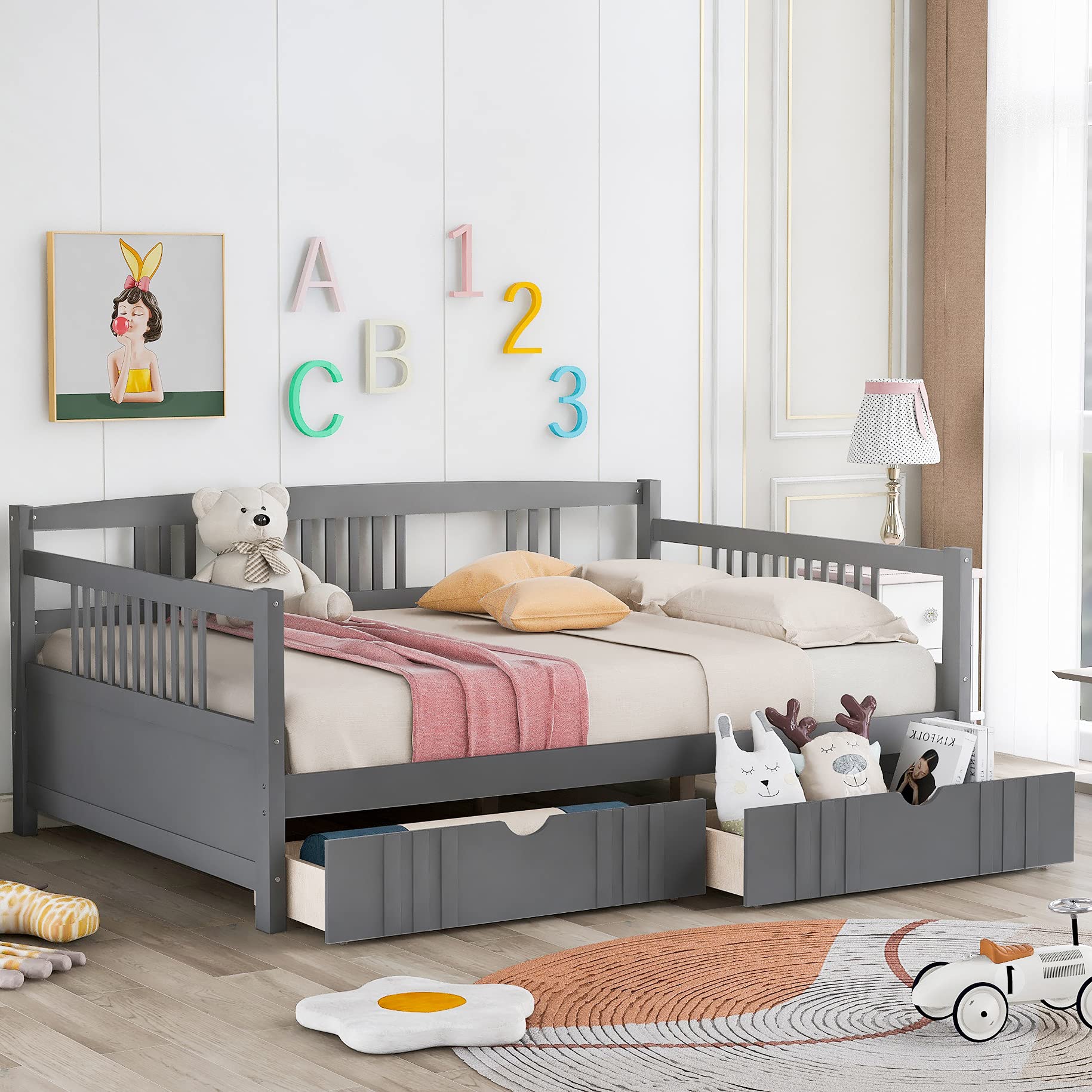Harper & Bright Designs Full Size Daybed Frame with Storage Drawers - Wooden Platform Bed with Underbed Storage - No Box Spring Required (Grey) - Perfect for Small Spaces, Guest Rooms & Dorm Rooms