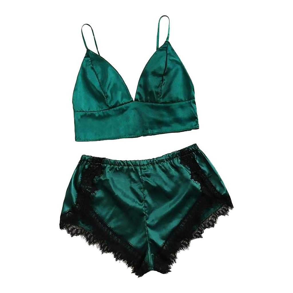 Women's Satin Lace Trim Camisole & Shorts Sleepwear Set - Backless Soft Satin Pajama Set (Green, XL) for Nightwear, Lounge Wear & Romantic Occasions