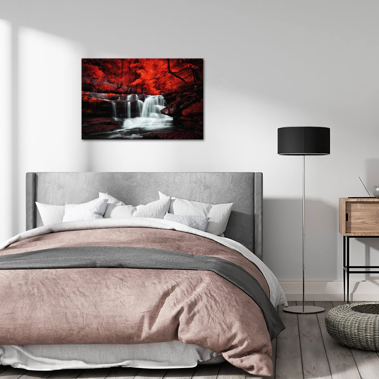 Conipit Black White and Red Wall Art - Autumn Red Forest Waterfall Canvas Painting, Framed Ready to Hang 24x36 Inch - Perfect for Living Room, Bedroom, or Office Decor