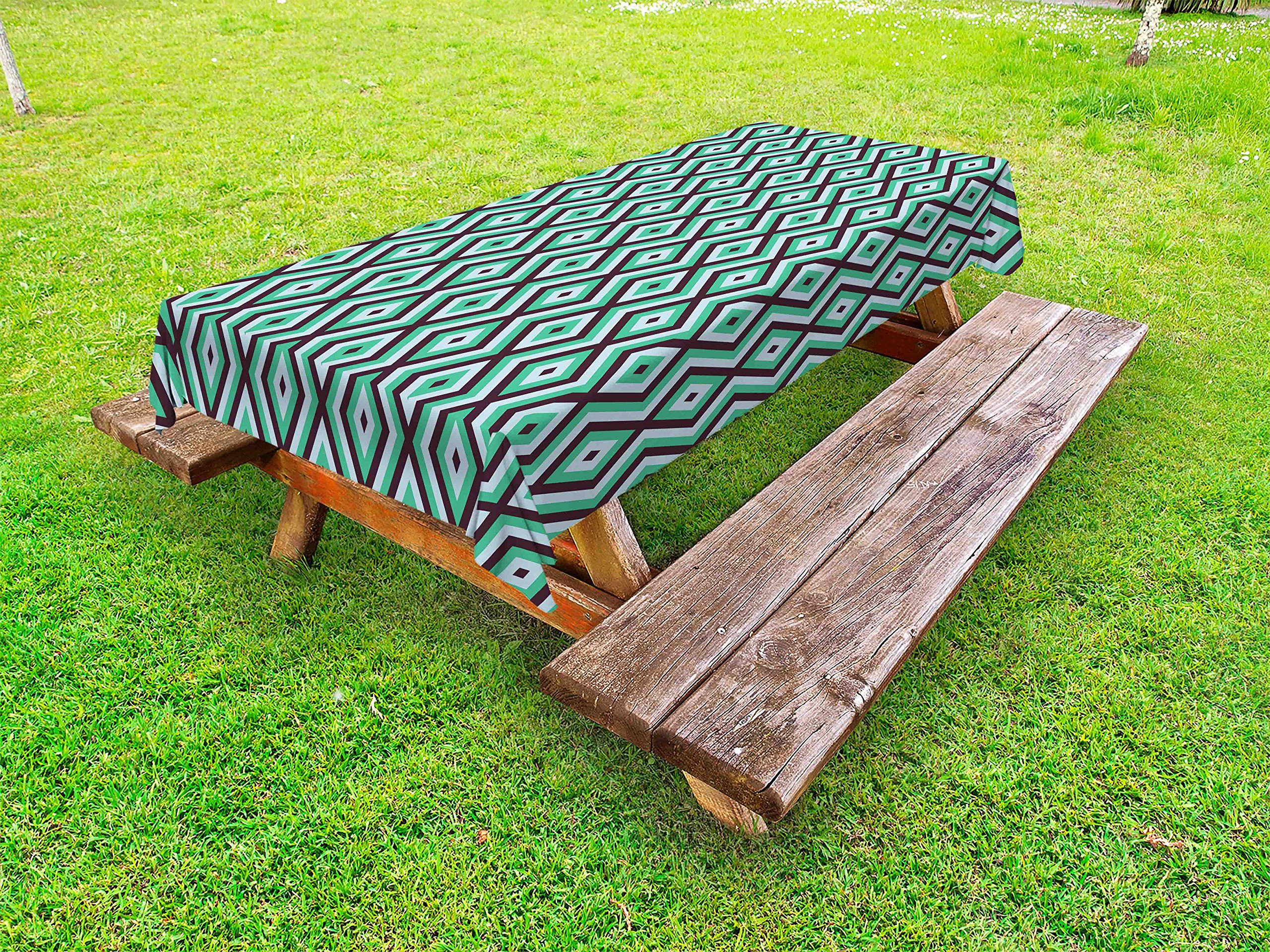 Ambesonne Waterproof Outdoor Tablecloth - Abstract Geometric Minimalist Design, Retro Diamond Line Pattern, Washable Picnic Table Cover 58
