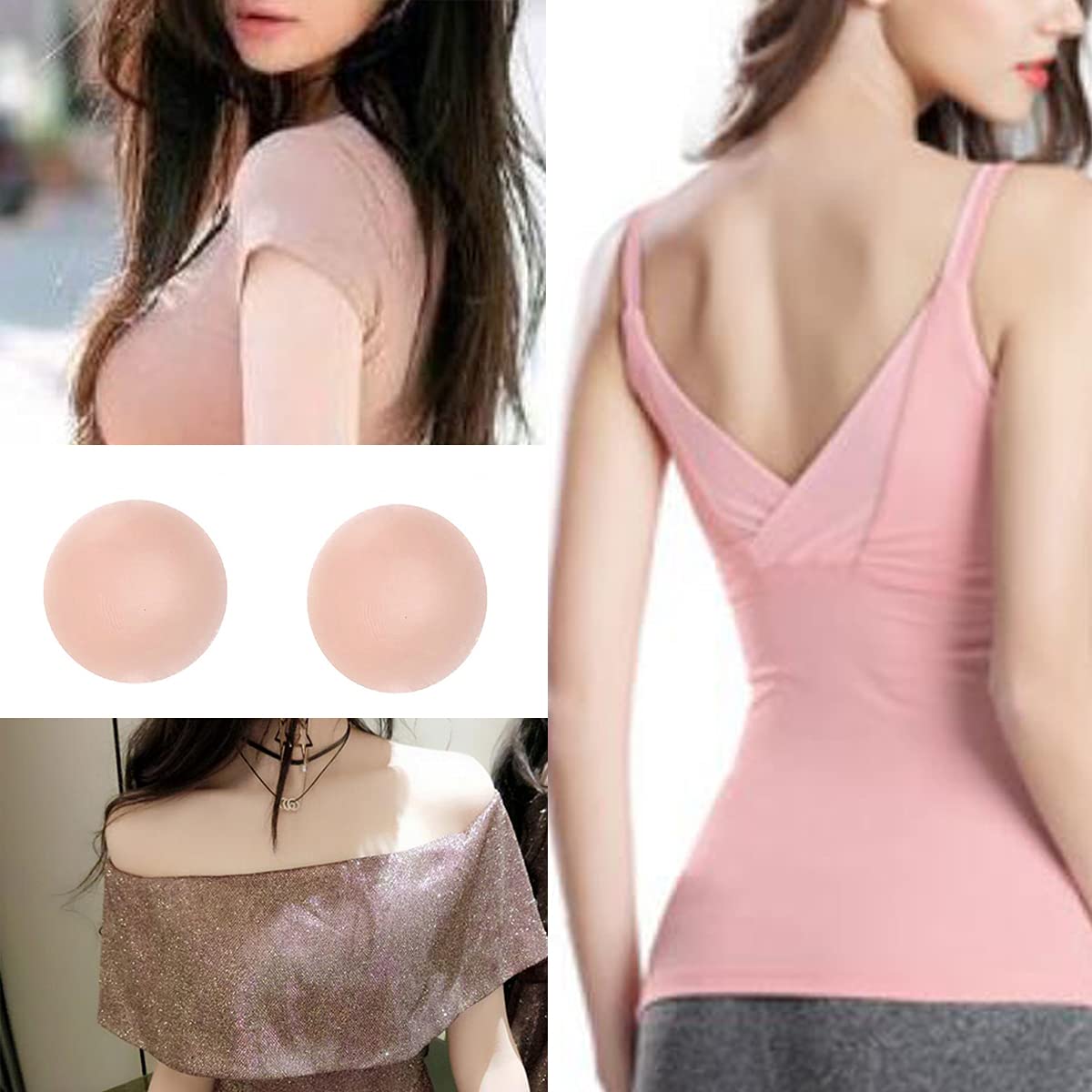 Flyusa 4 Pairs Natural Round Silicone Reusable Adhesive Bra Straps - Invisible Nipple Covers for Women, Comfortable Backless & Strapless Support - Perfect for Wedding Dresses, Tanks, Swimsuits & Summer Outfits