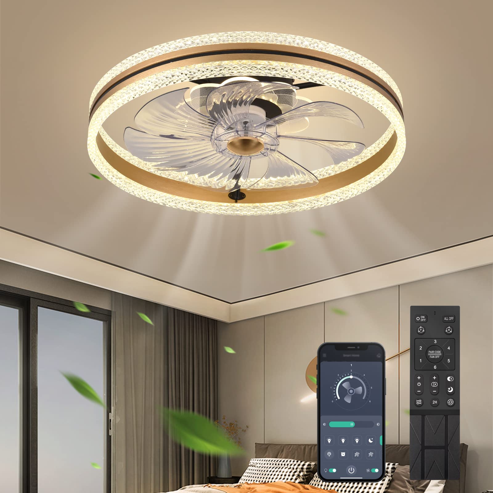 2022 Upgraded Fszdorj F101 Gold Ceiling Fan with Lights - Smart App & Remote Control, 3 LED Colors, 6 Speed Settings, Timer Function - Modern Design for Bedroom, Living Room, Office & Small Spaces - Perfect for Home Cooling & Stylish Interior Decor