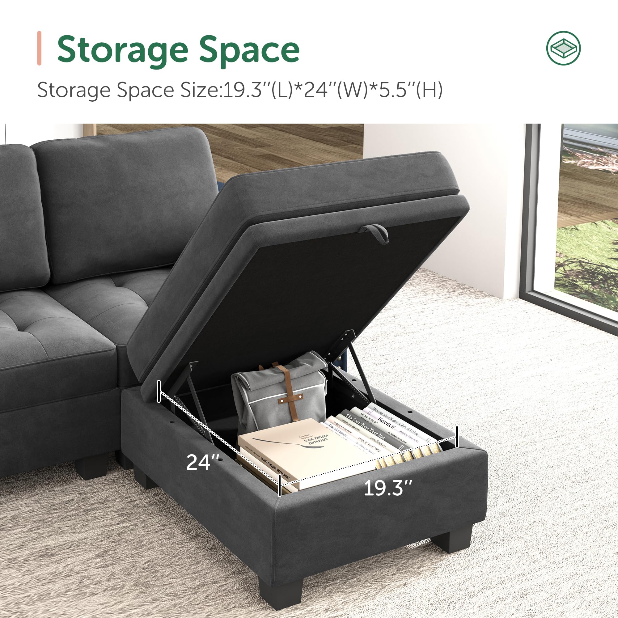 HONBAY Velvet Modular Sectional Sofa - L-Shaped Couch with Storage Ottoman & Top Tray, U-Shape Living Room Sofa in Grey | Perfect for Small Spaces, Apartments & Cozy Home Decor